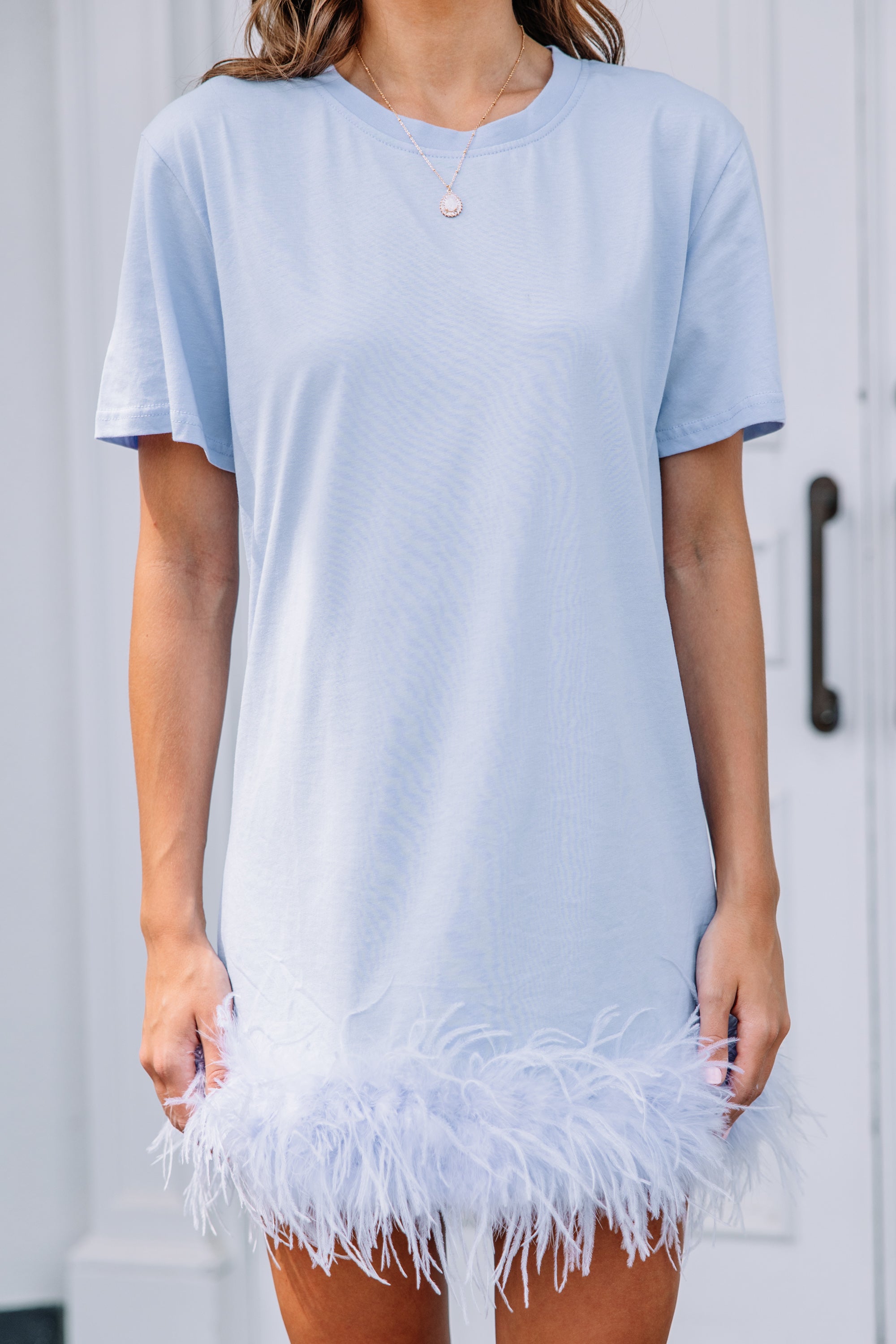 Be The Drama! Light Blue Feather Trim T-Shirt Dress - Unleash Your Inner Diva