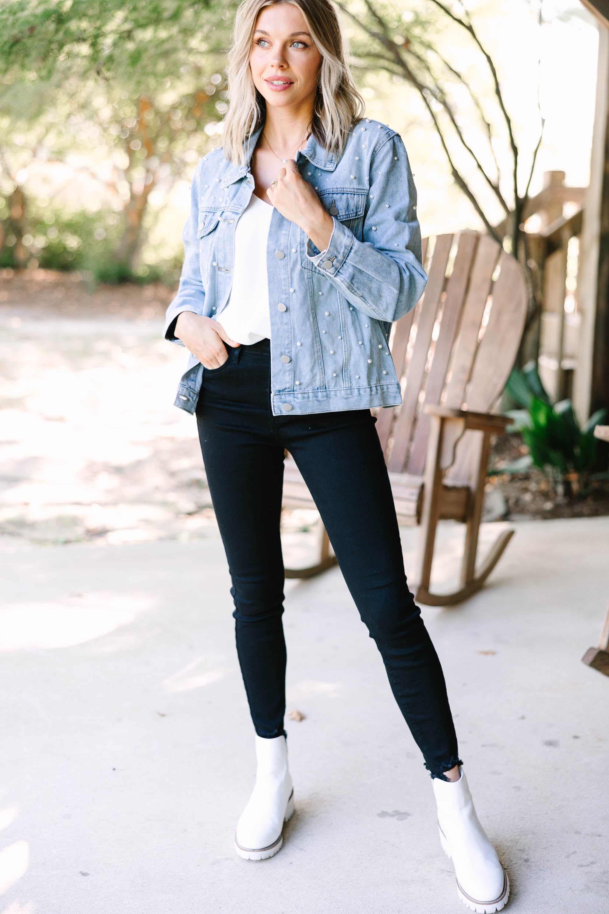 Eye - Catching Light Wash Pearl Embellished Denim Jacket