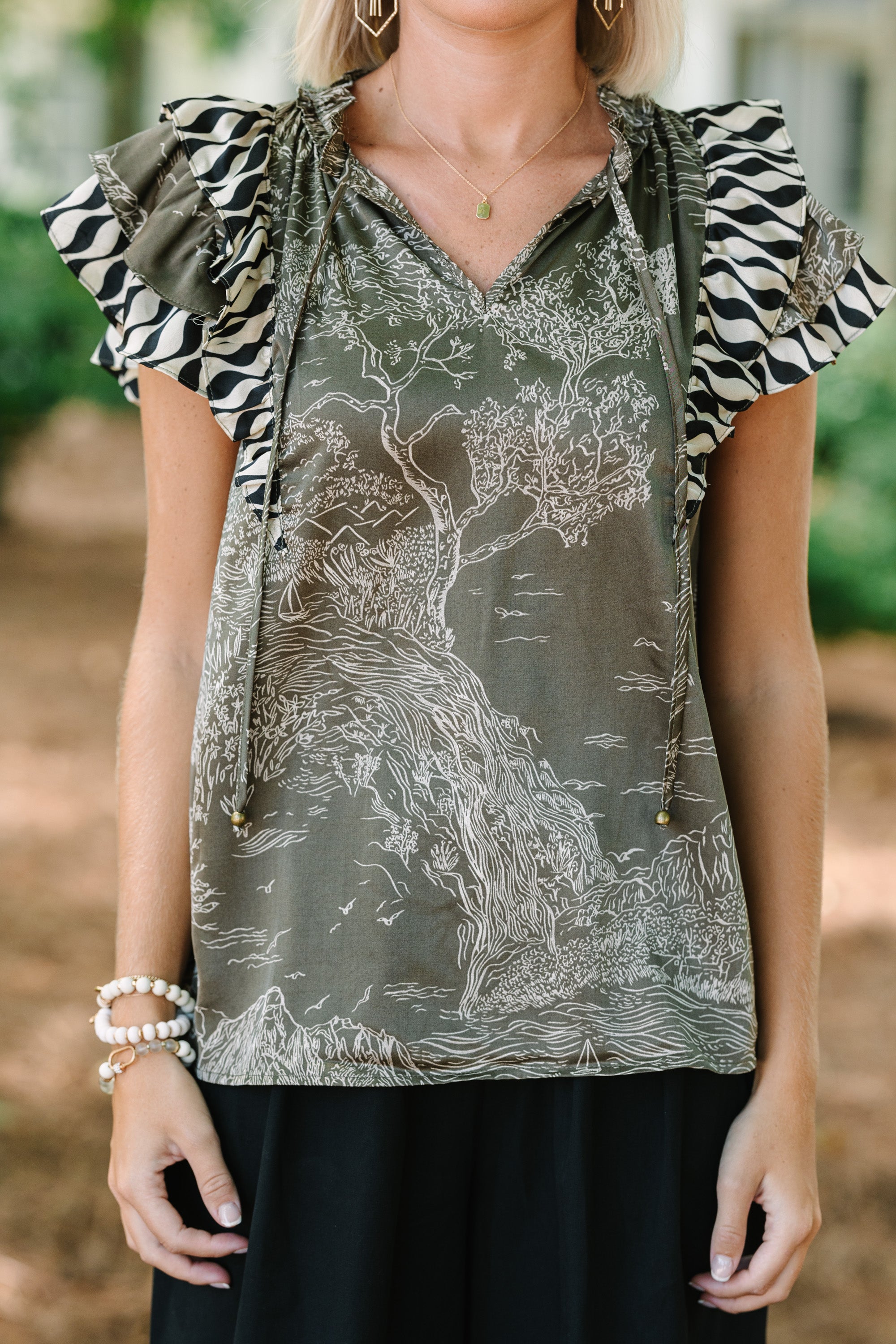 Alluring All On You Olive Green Antique Print Satin Blouse