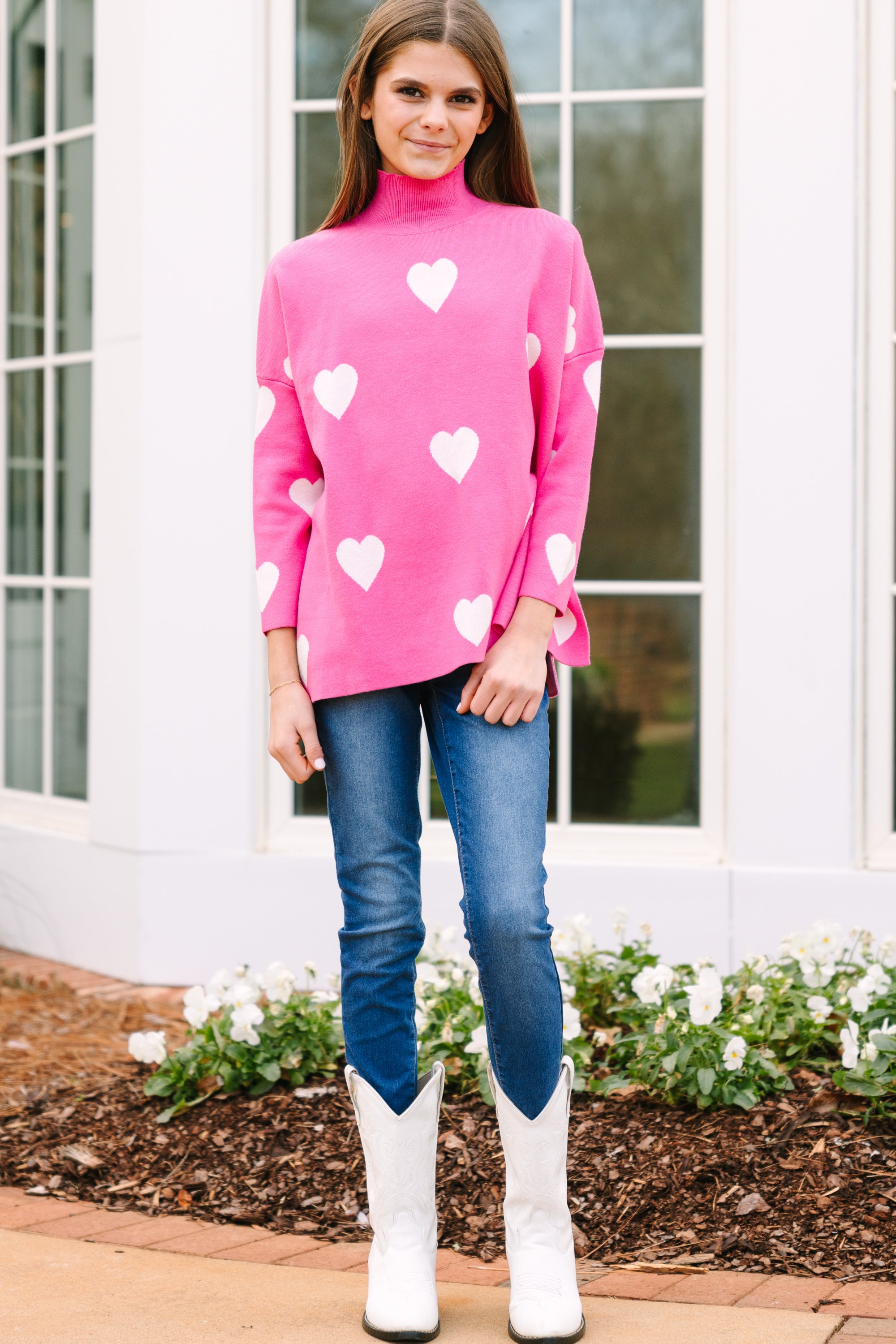 Girls' Pink & White Heart Quick - Pick Sweater