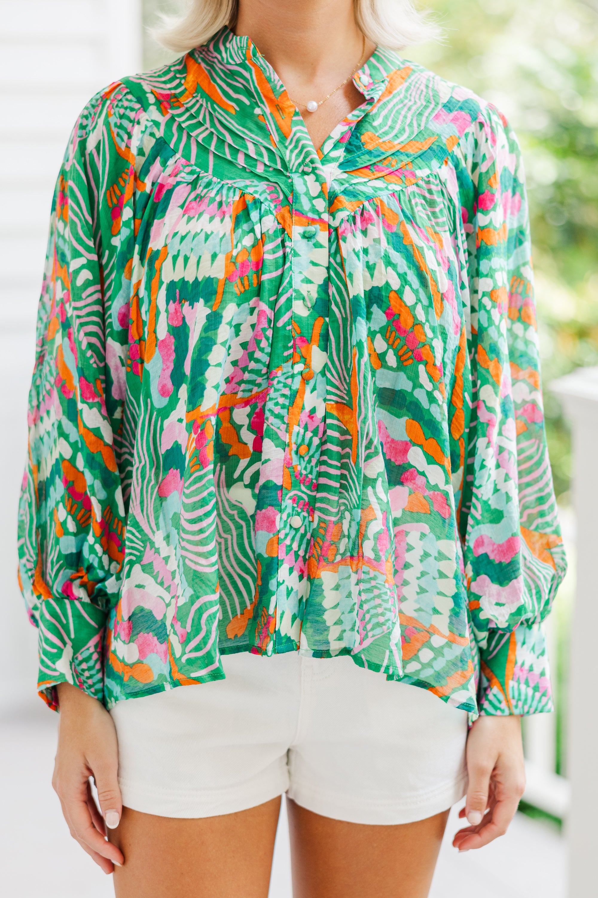 Back in Action: Tropical Abstract Green Blouse