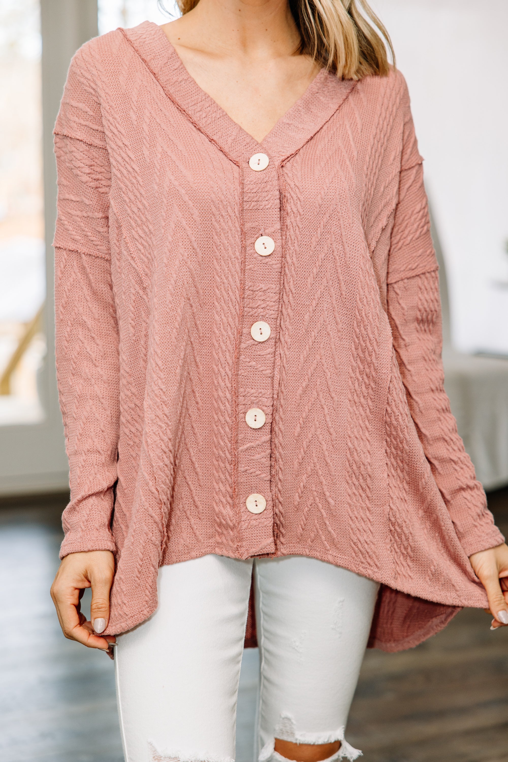 Indulge in Relaxation: Mauve Pink Cable Knit Cardigan