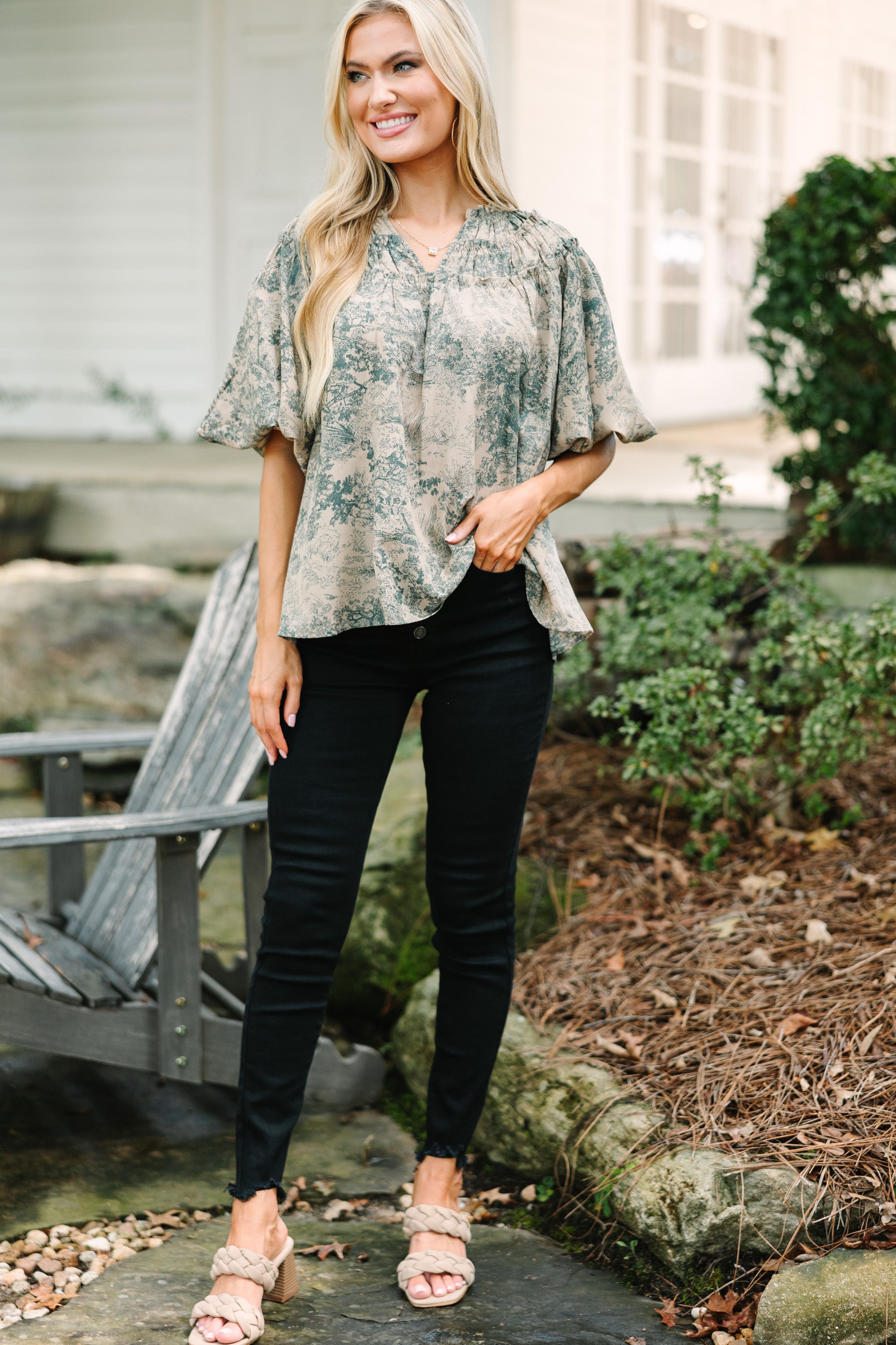 Be Yourself! Forest Green Toile Chic Blouse