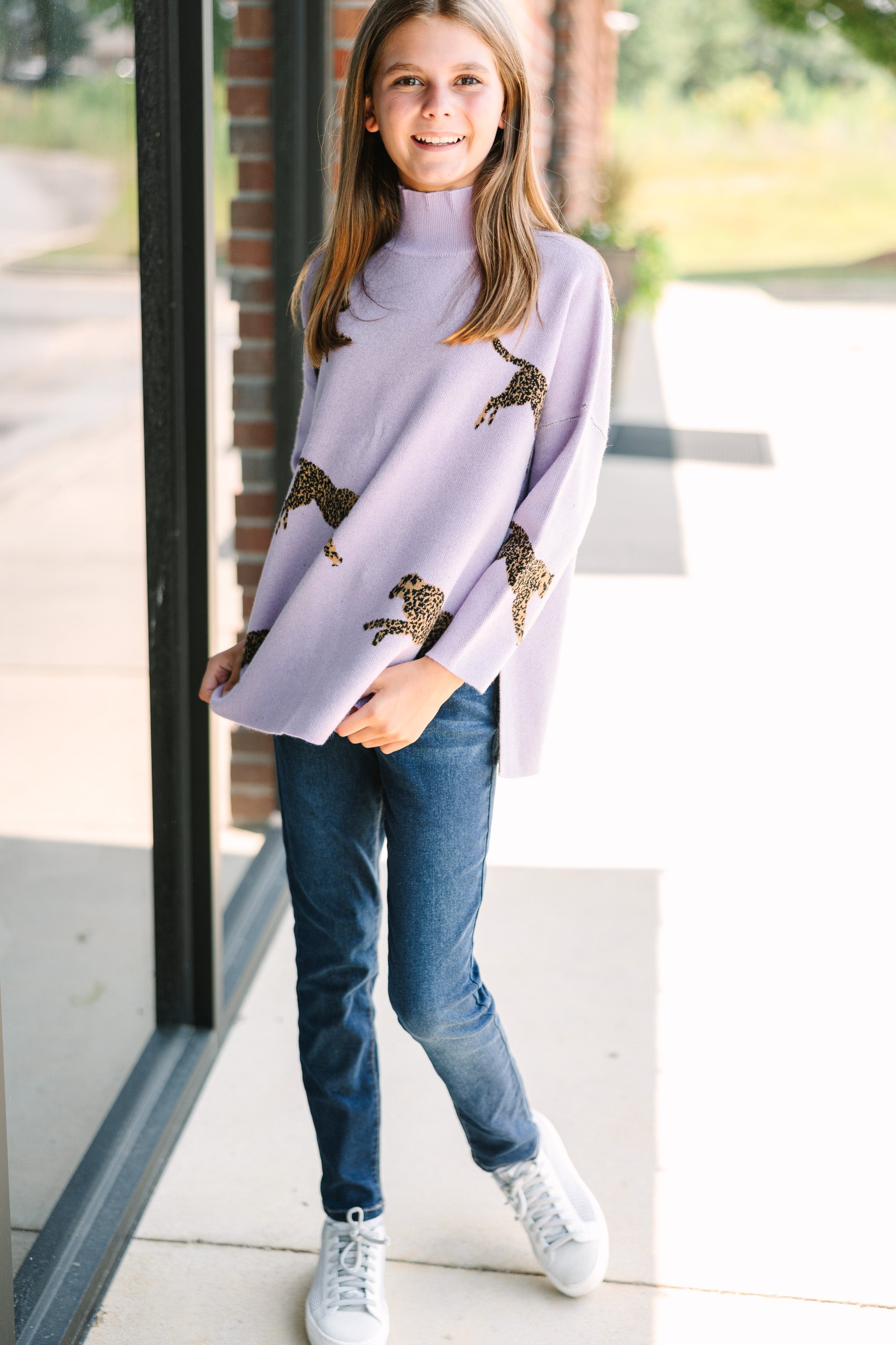 Girls' Quick-Pick Lavender Cheetah 3/4 Sleeve Cozy Sweater