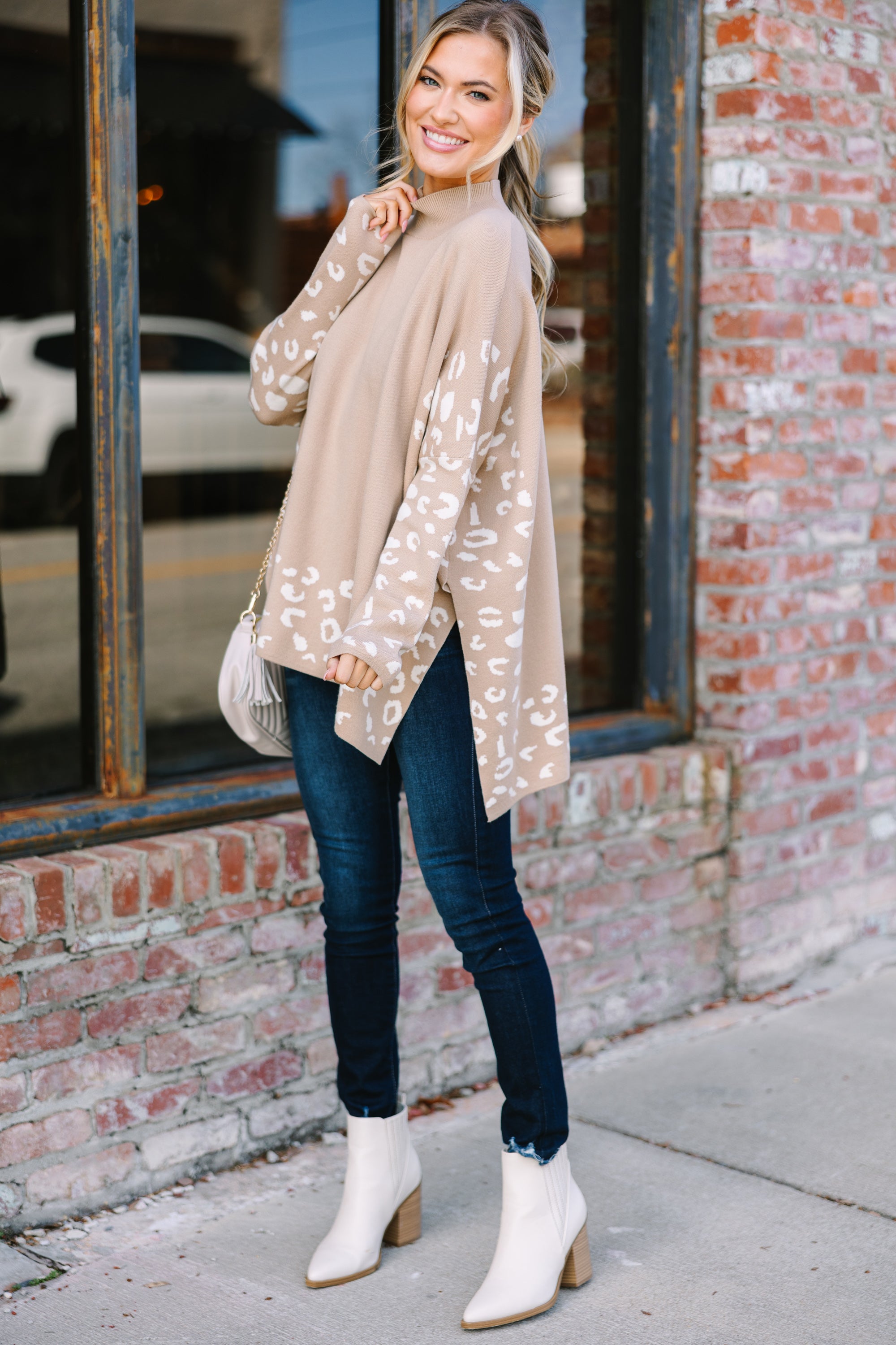 All In Theory Taupe Brown Leopard Print Sweater Tunic - A Fashion Must-Have!