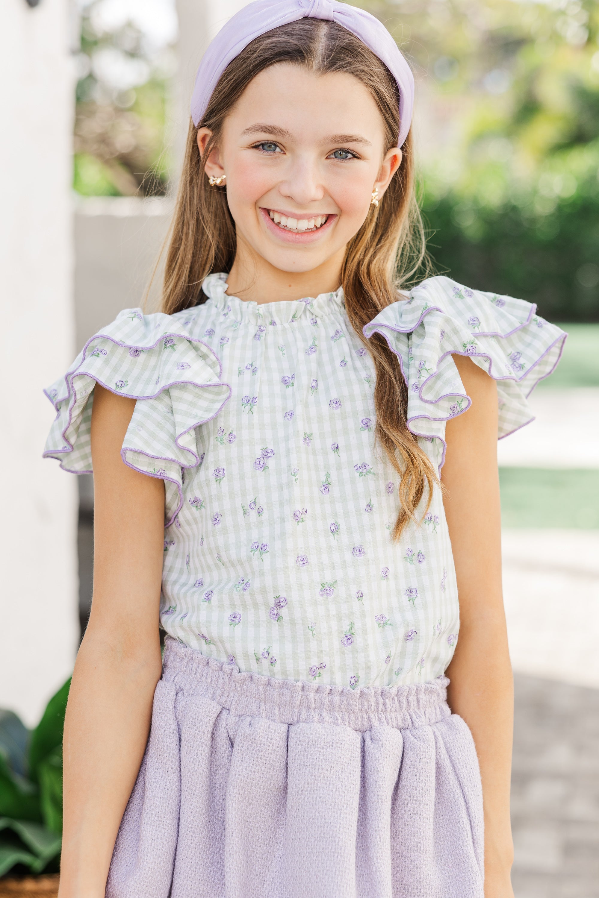 Adorable Girls' Sage Gingham Heart - Inspired Blouse