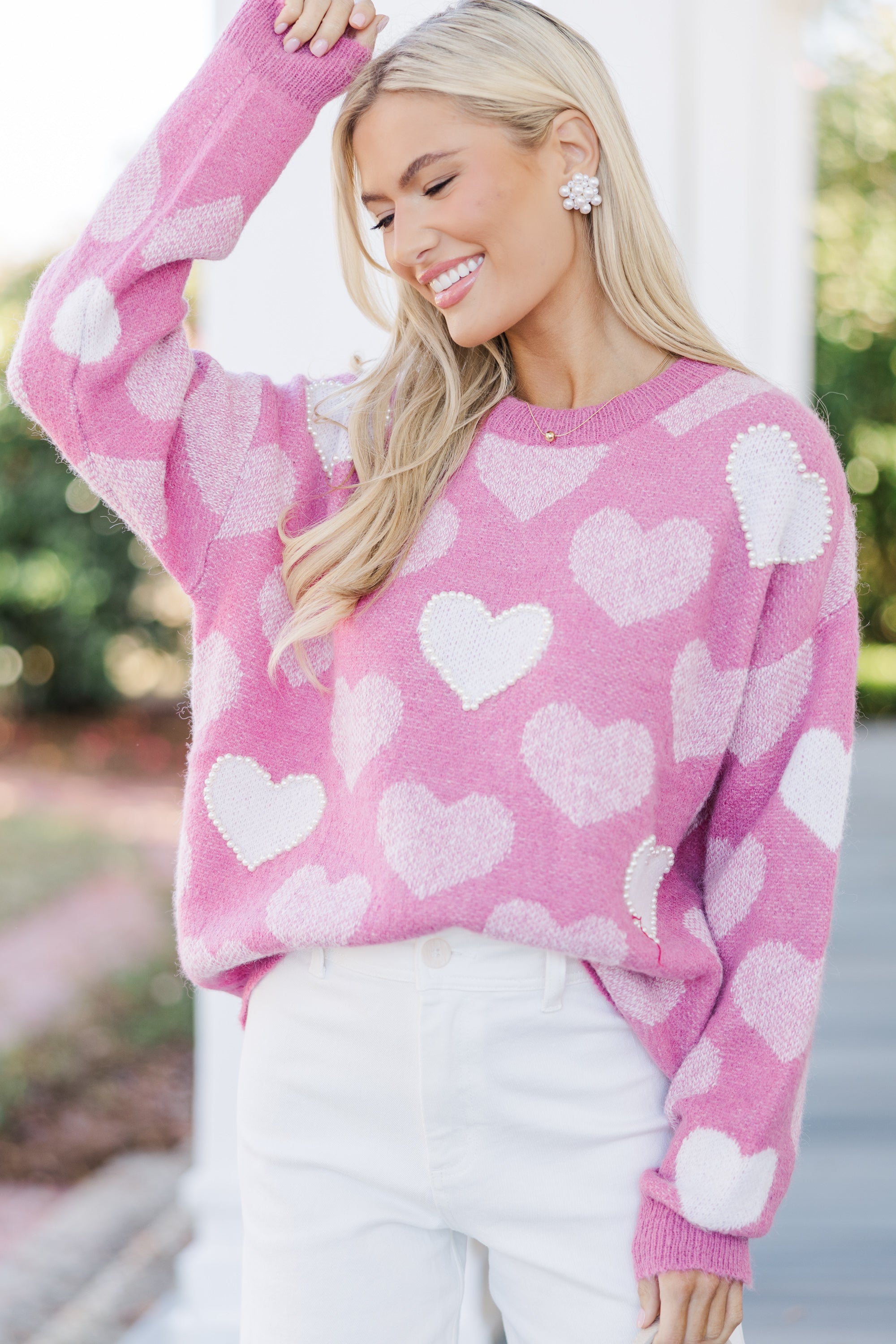 Love - Filled Pink Heart Pearl - Adorned Sweater