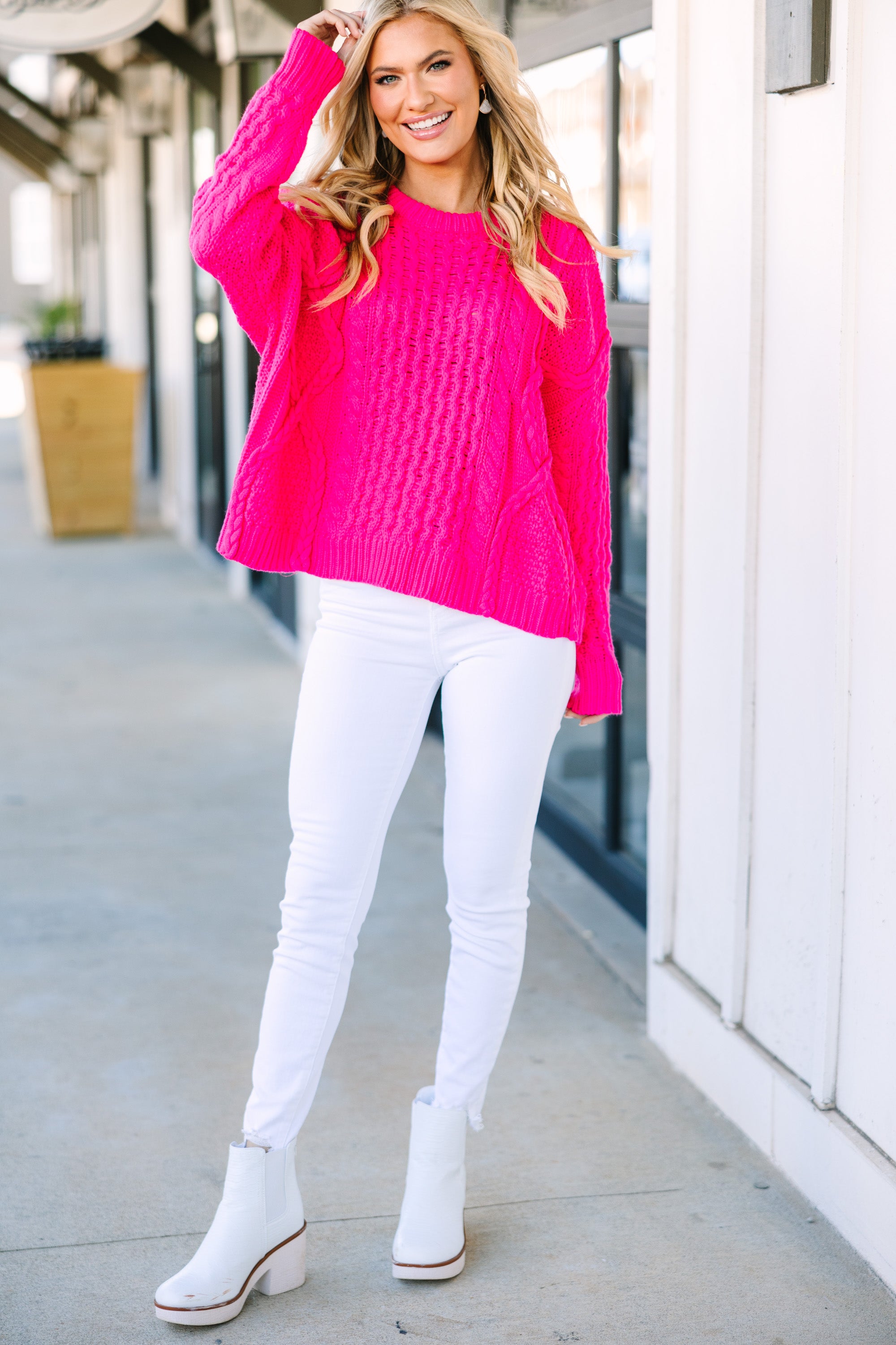 Unleash Your Best with Electric Pink Cable Knit Sweater