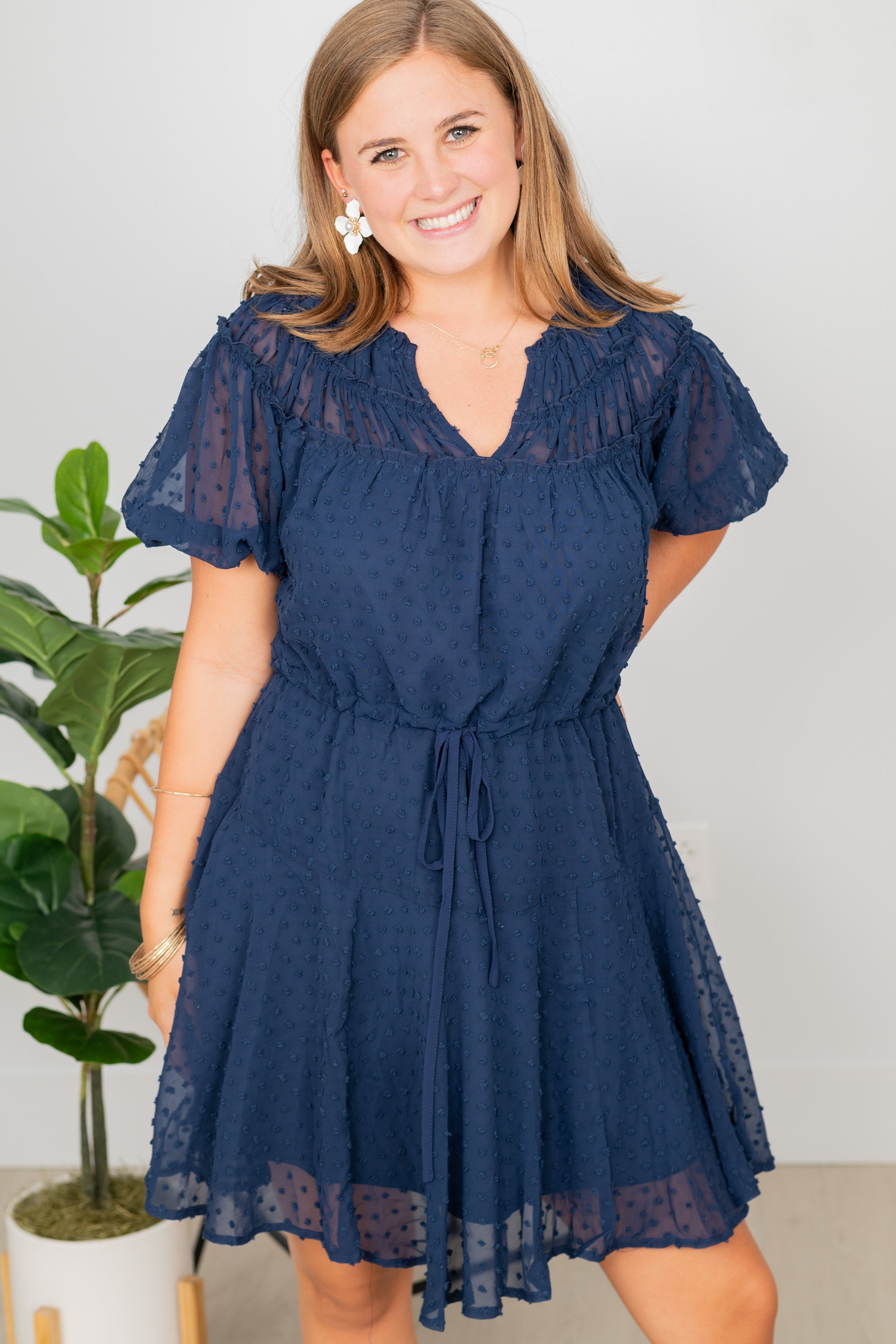 Enchanting Navy Blue Swiss Dot Dress - Be With You!