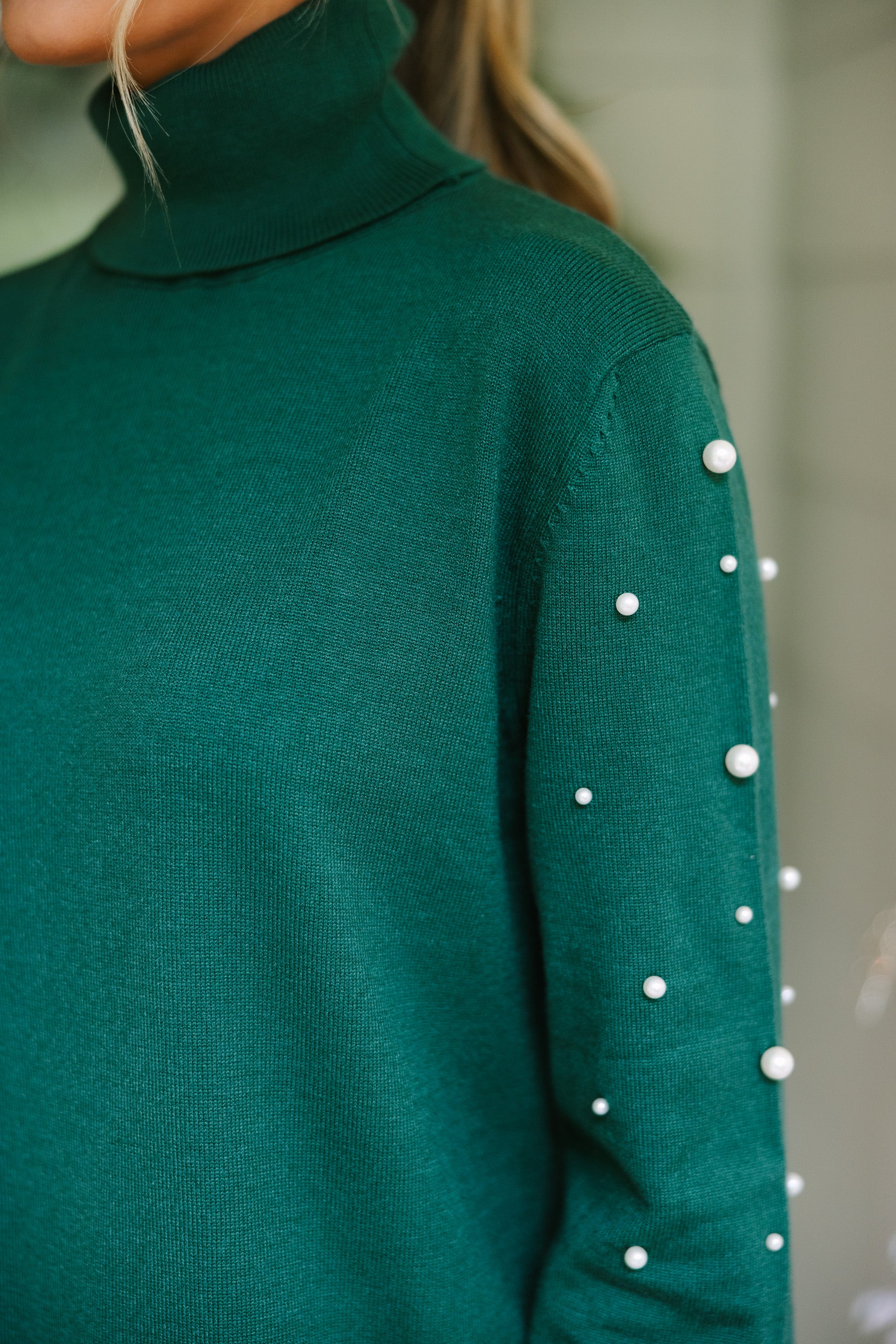 Fall in Love with Our Emerald Green Pearl-Embellished Sweater Dress