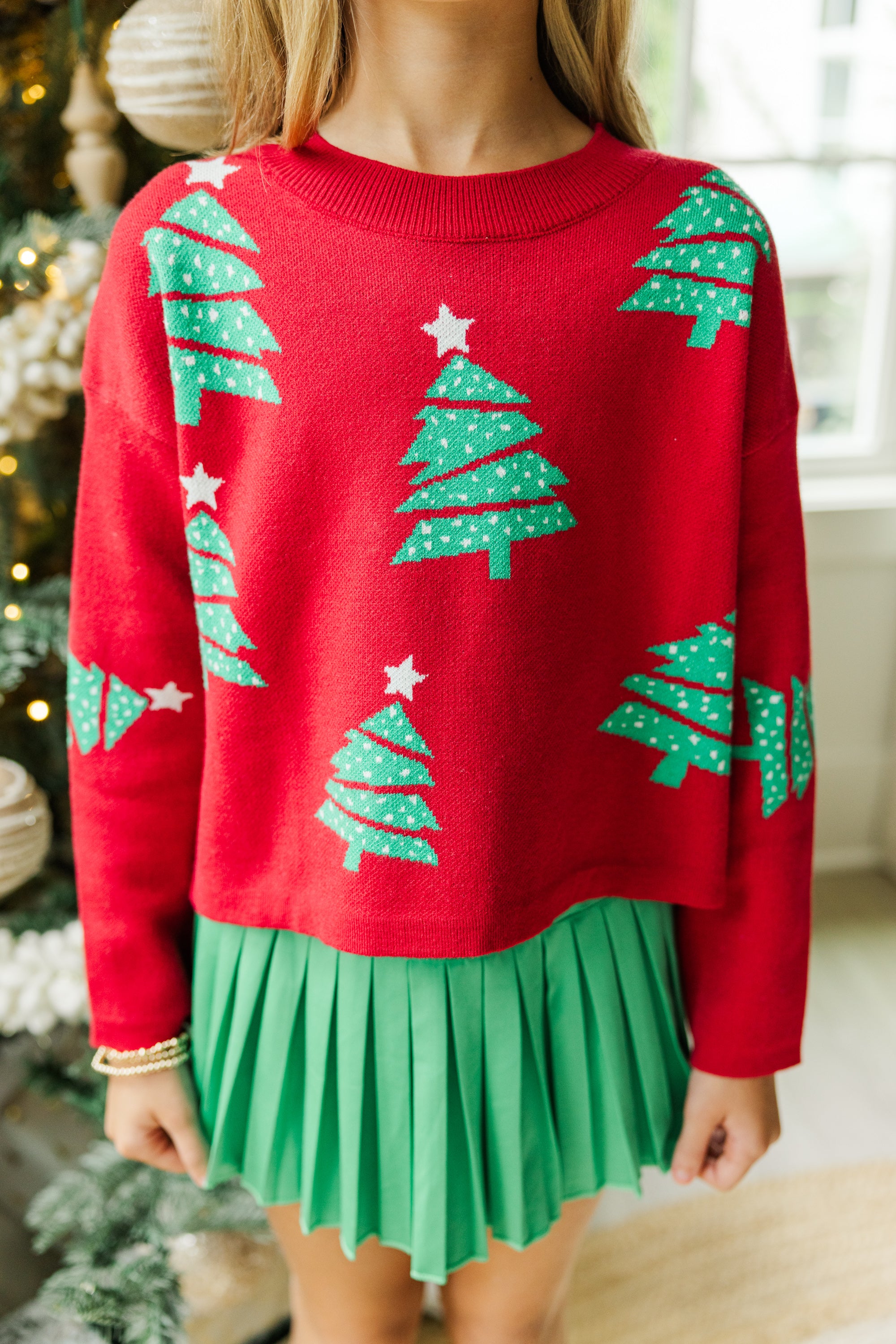 Girls' Festive Red Christmas Tree Sweater: A Must-Have!