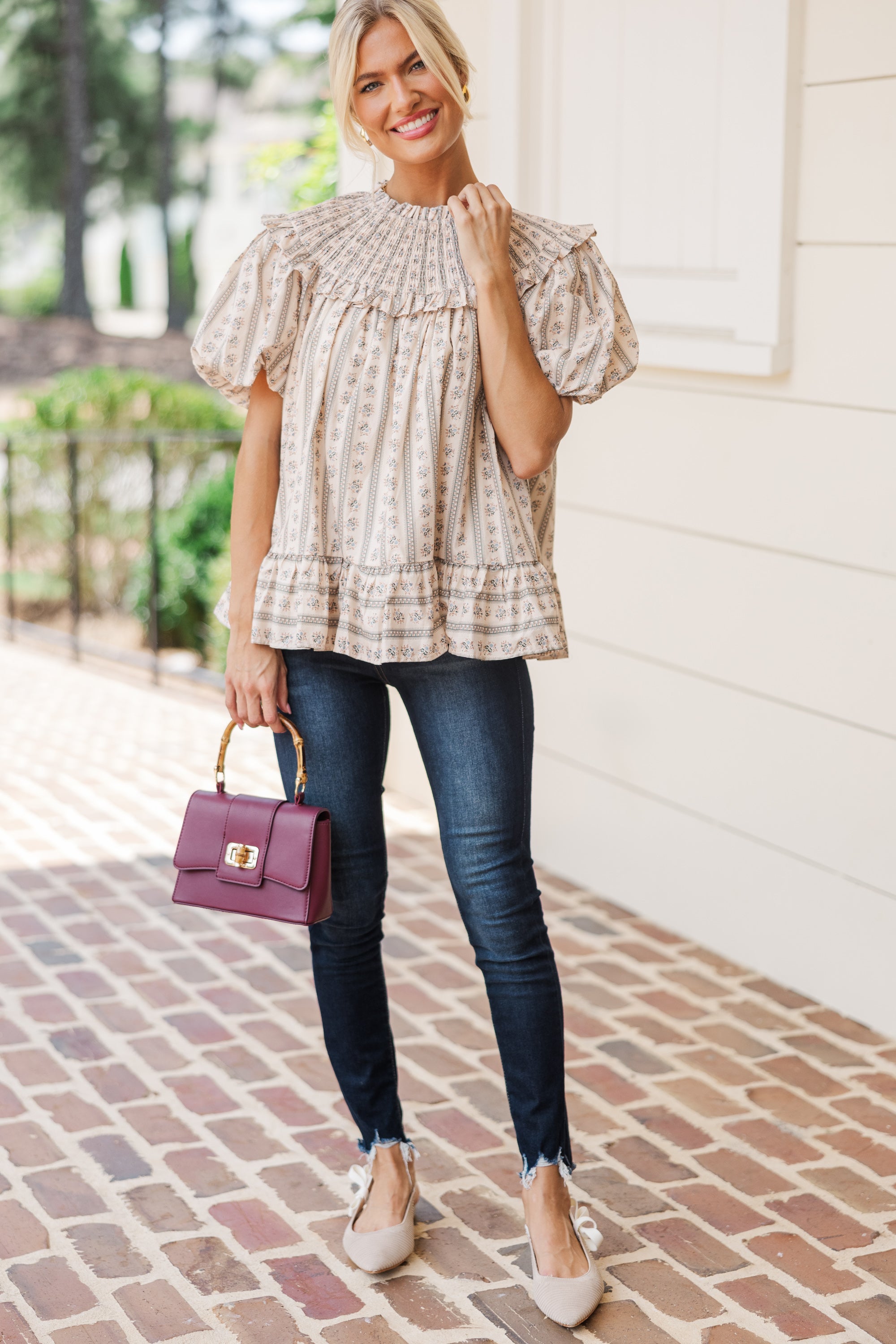 Aureum: Unforgettable Ivory Ditsy Floral Babydoll Blouse