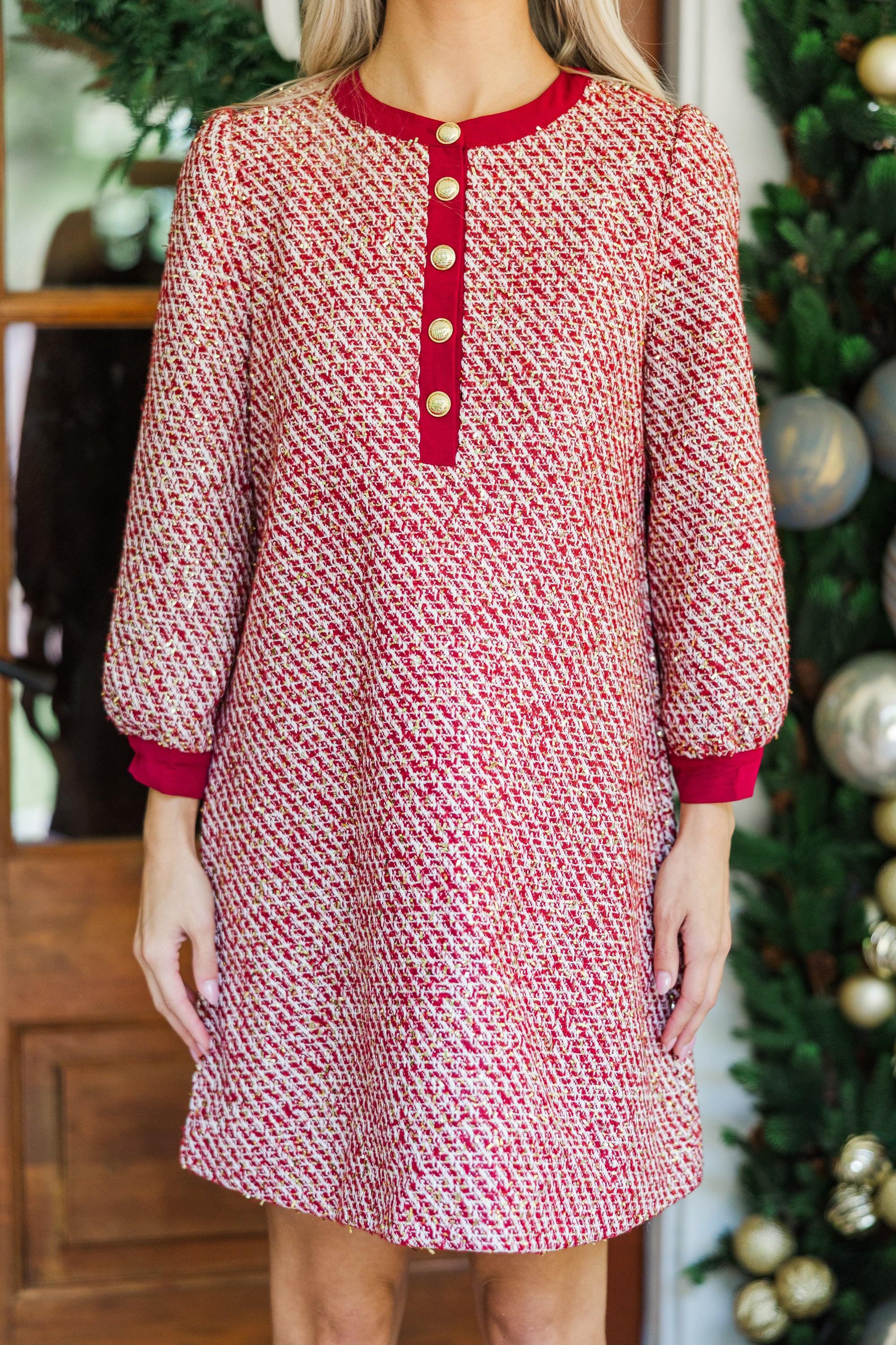 Royal Burgundy Red Tweed Dress - Feel Like a Queen!