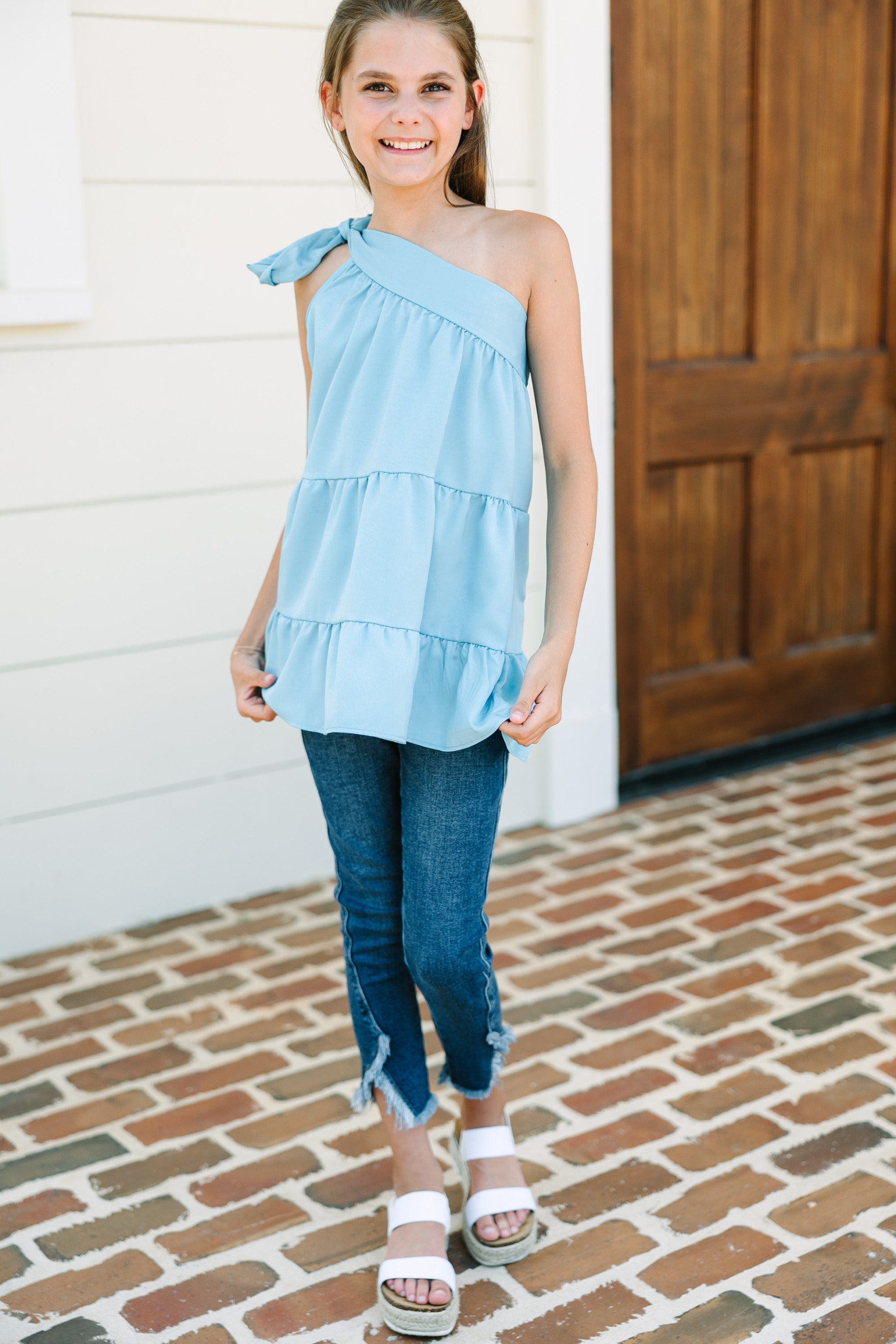 Adorable Girls' Blue Satin One Shoulder Heart-Protecting Tank