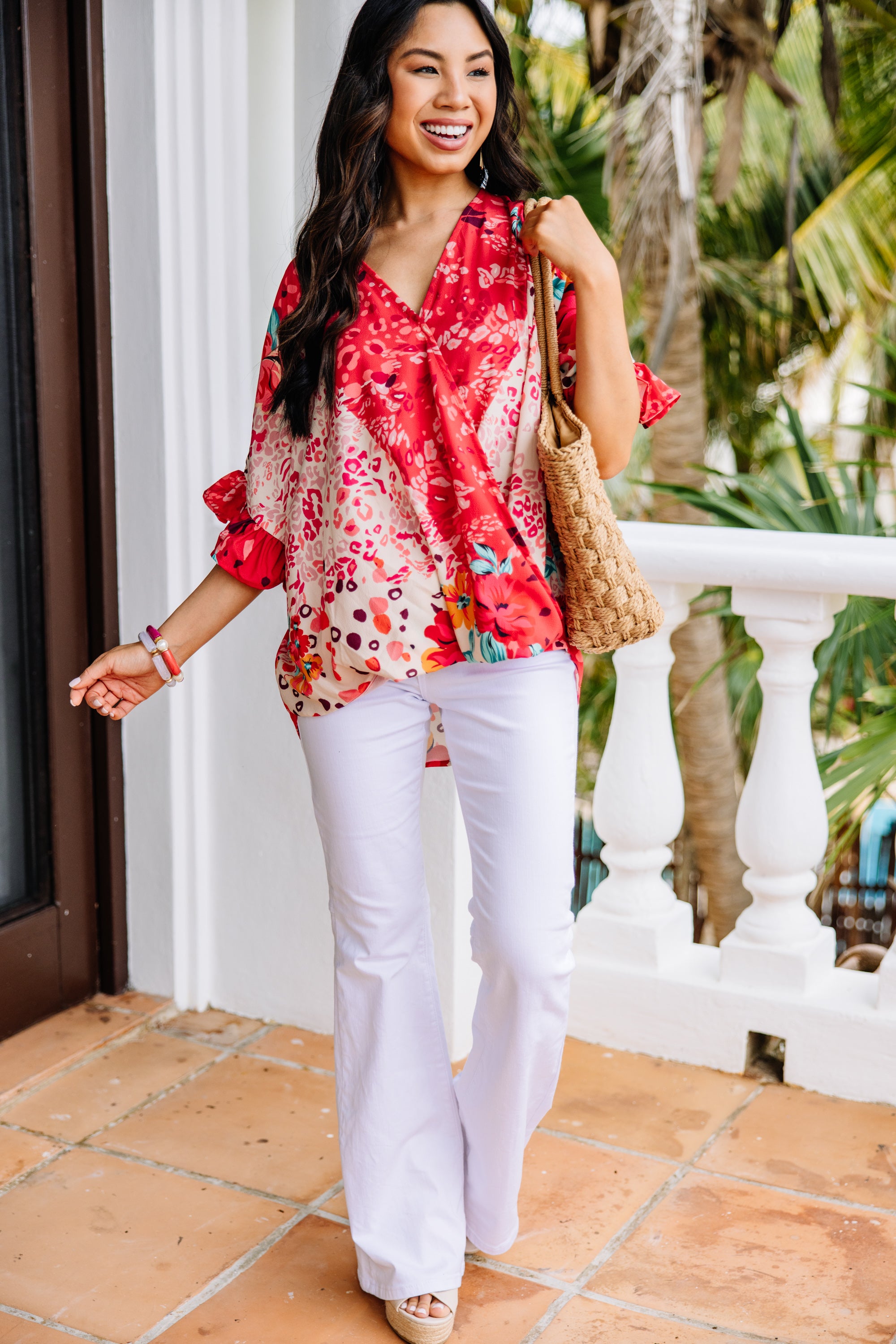 Be So Bold: Stunning Coral Red Mixed Print Top
