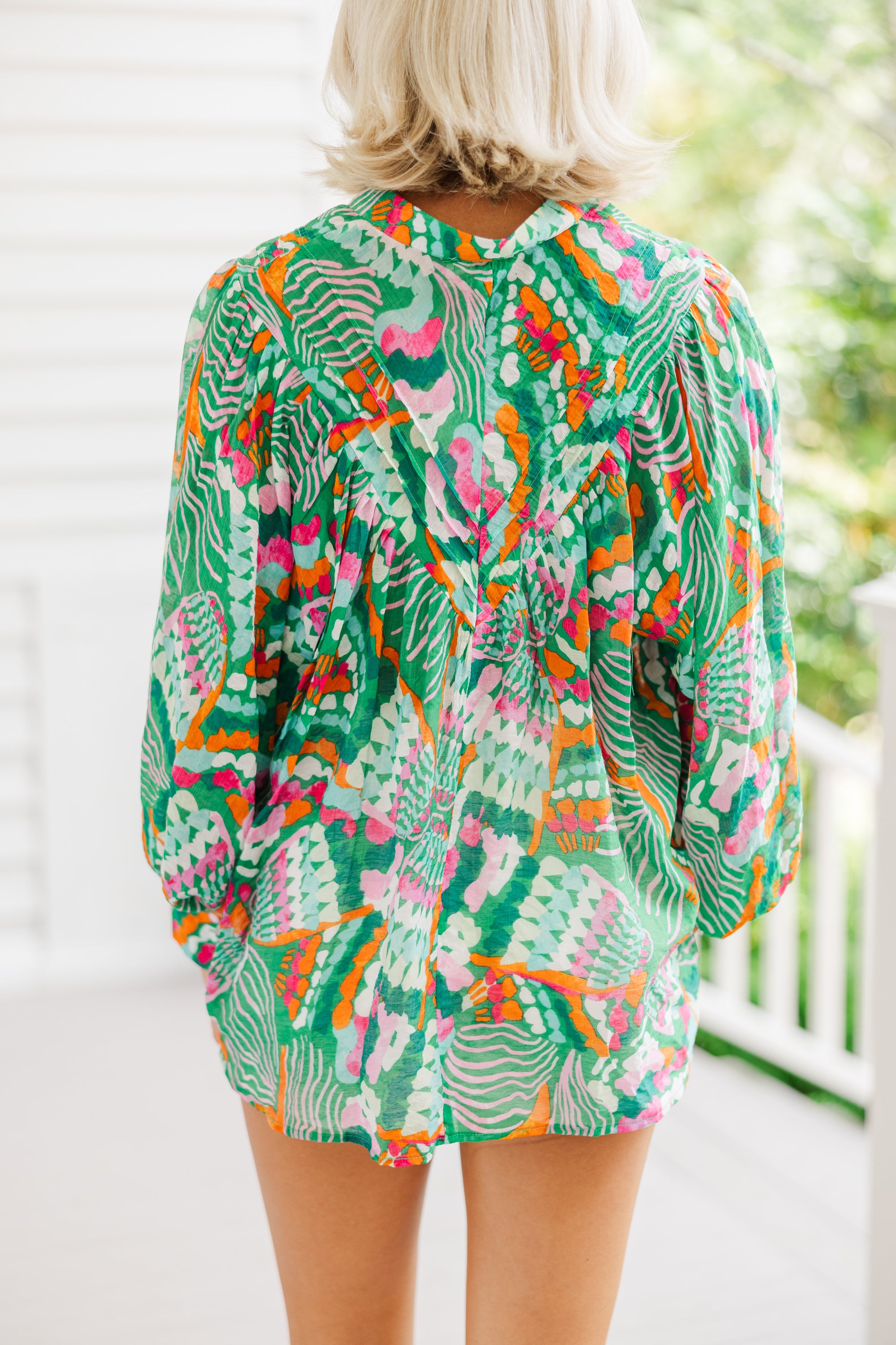 Back in Action: Tropical Abstract Green Blouse