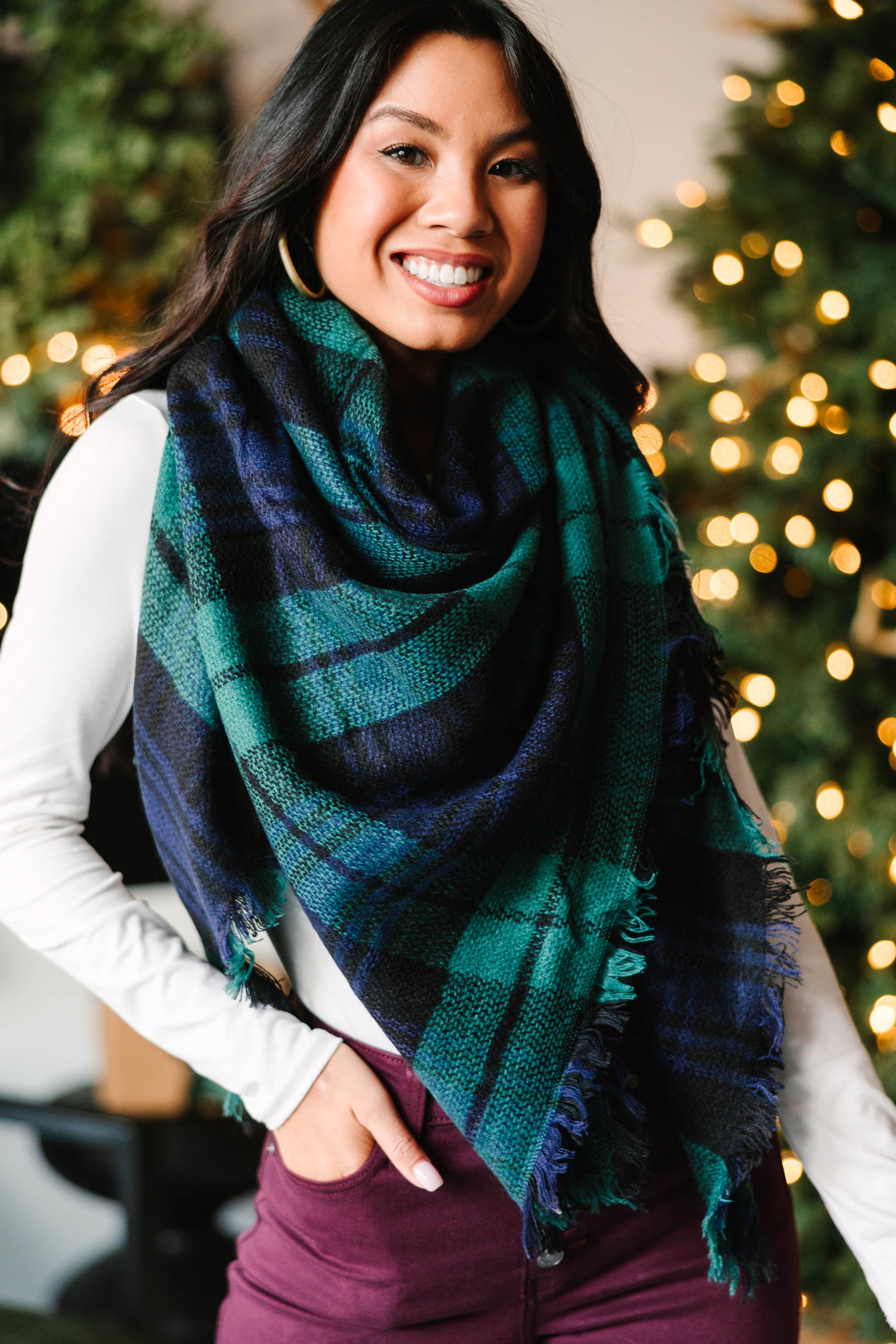 Autumn Air Must-Have Green and Navy Plaid Blanket Scarf