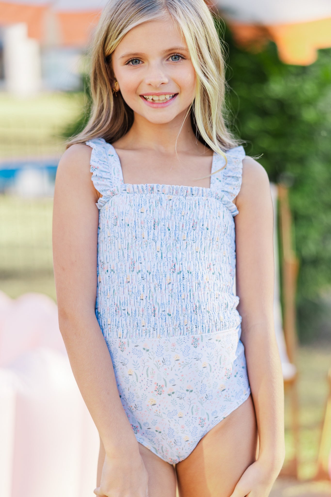 GIRLS: PREORDER NOW! The Mary Ann Light Blue Ditsy Floral Smocked One-Piece Swimsuit - Irresistible for Tween Swimmers