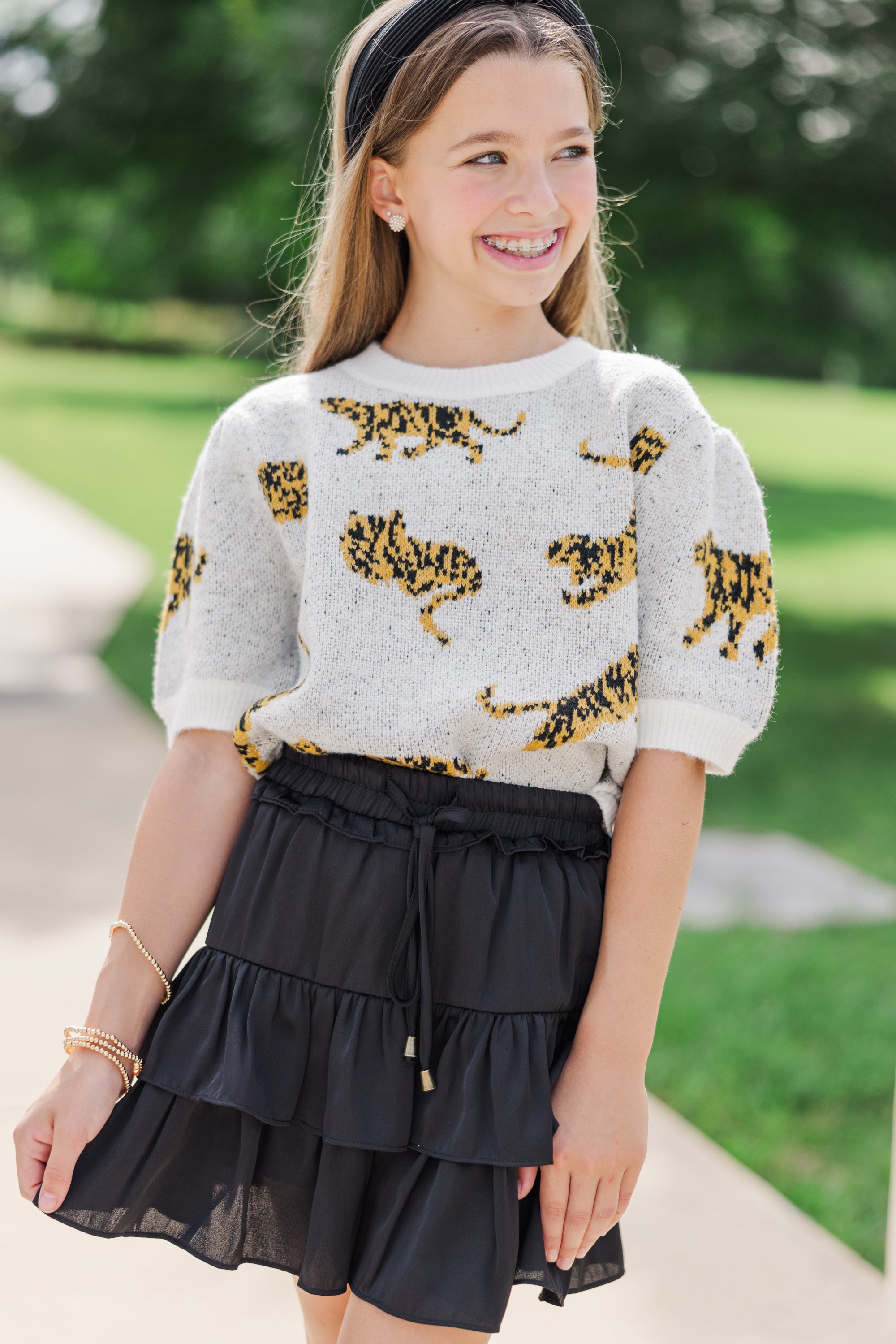 Girls' Ivory White Tiger Print Short Sleeve Sweater - On The Prowl!