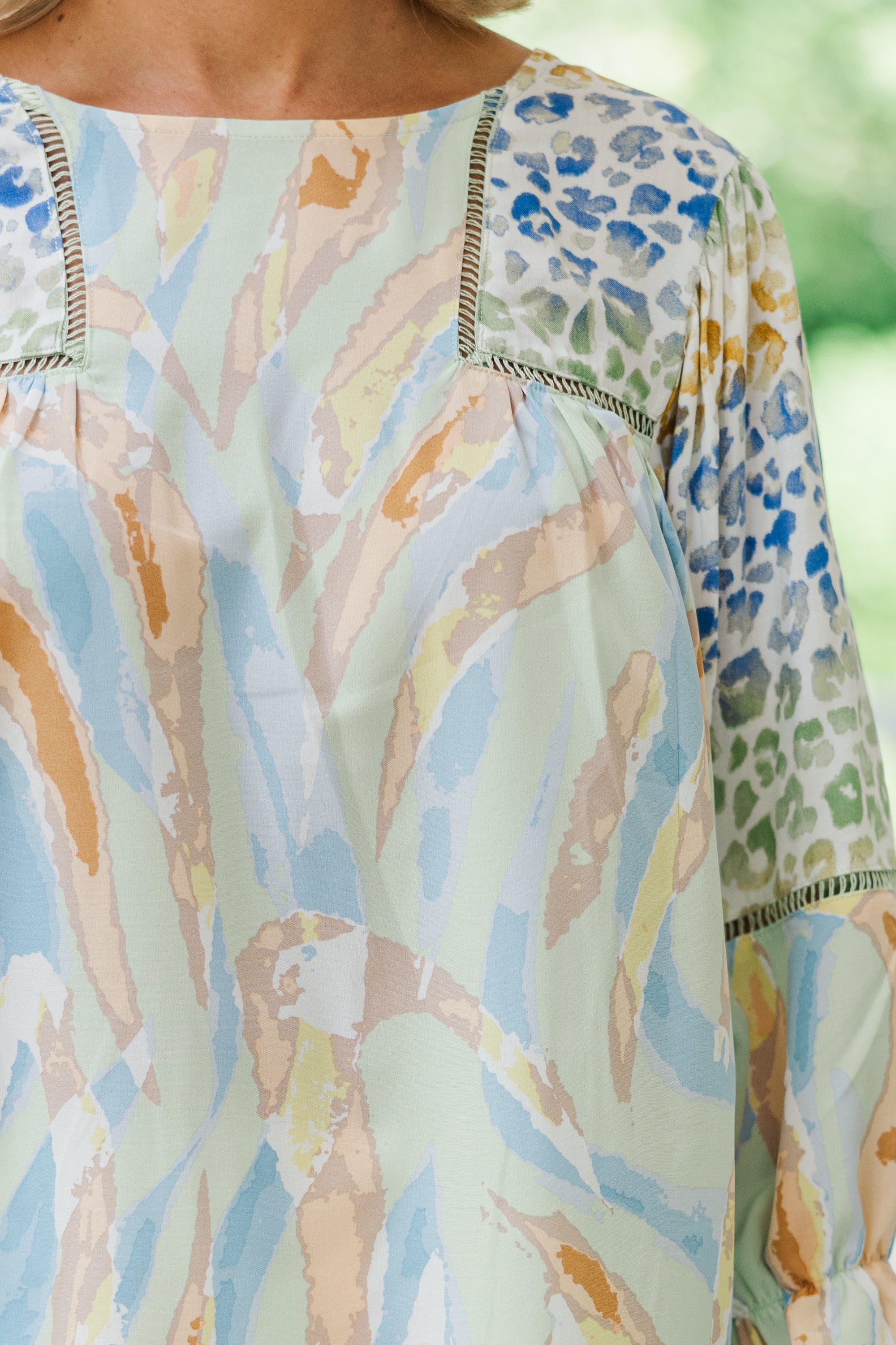 Fantastic Sage Green Mixed Print Blouse: A Must - Have for Style Mavens