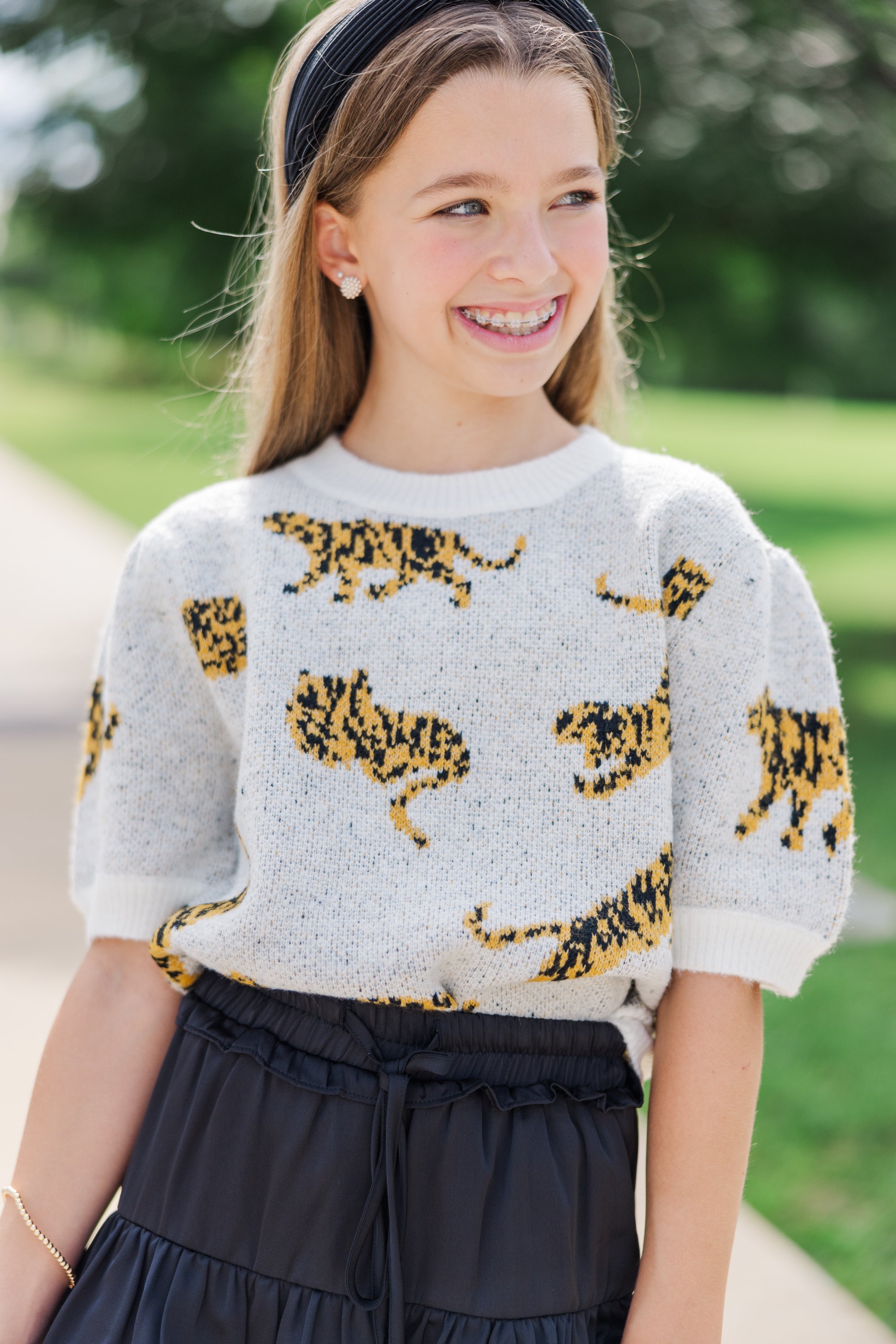 Girls' Ivory White Tiger Print Short Sleeve Sweater - On The Prowl!