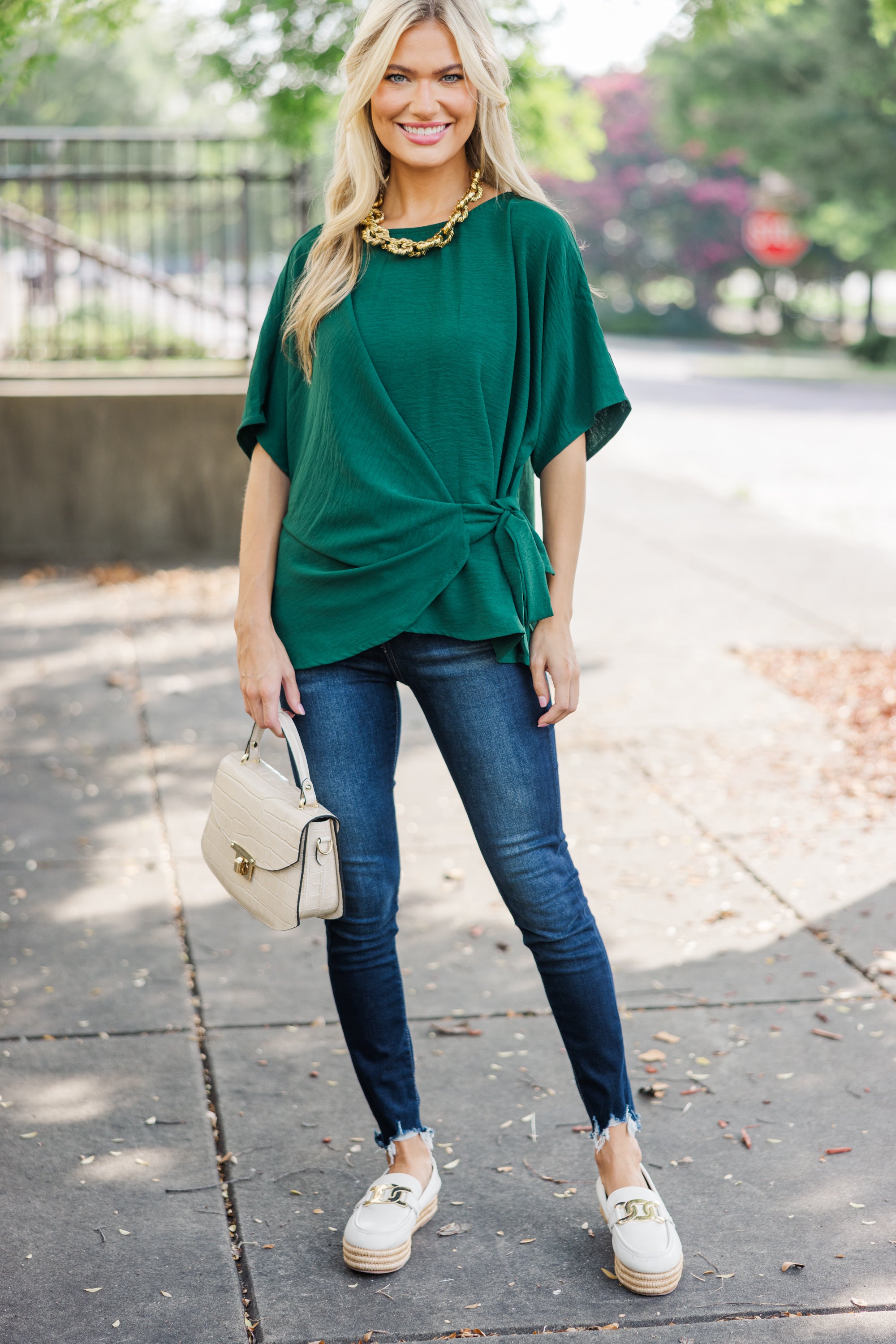 Happy Thoughts Emerald Green Tied Feminine Blouse - Style Your Day!