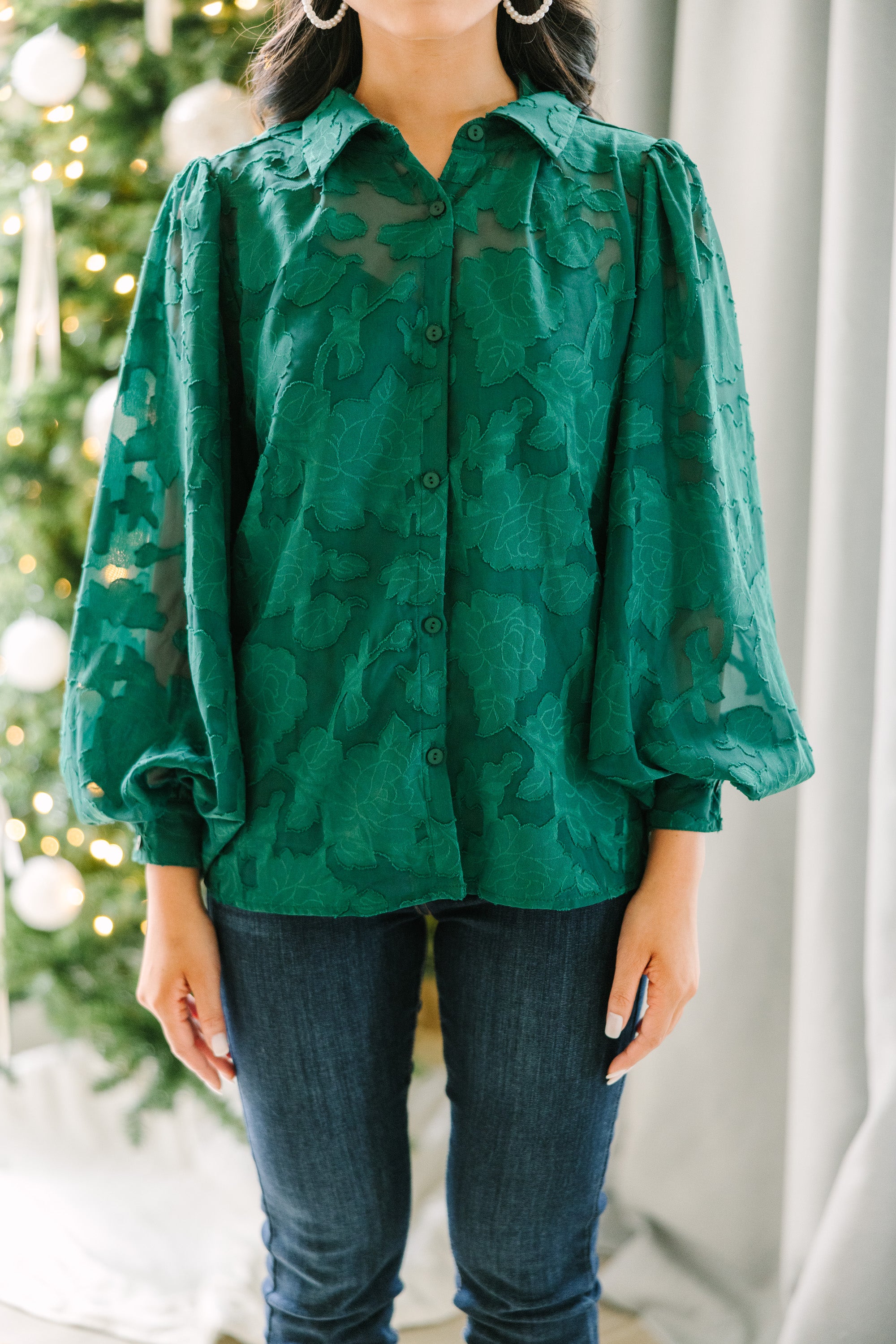 Gorgeous Emerald Green Textured Floral Blouse: All Details Included!