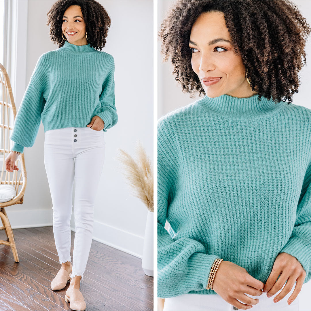 Gorgeous Jade Green Mock Neck Sweater - Be Happy to Own!