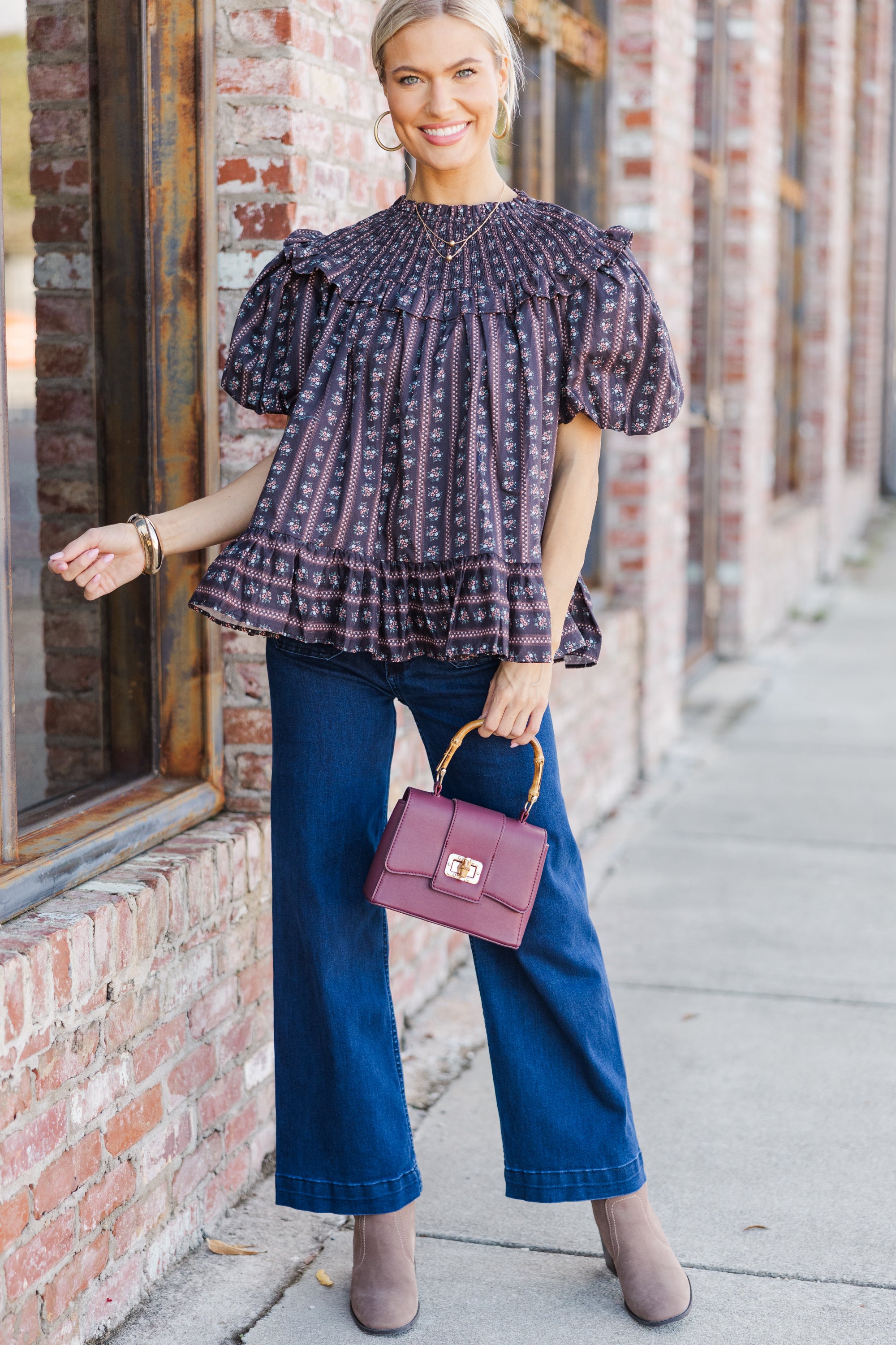 Aureum: Unforgettable Black Ditsy Floral Babydoll Blouse