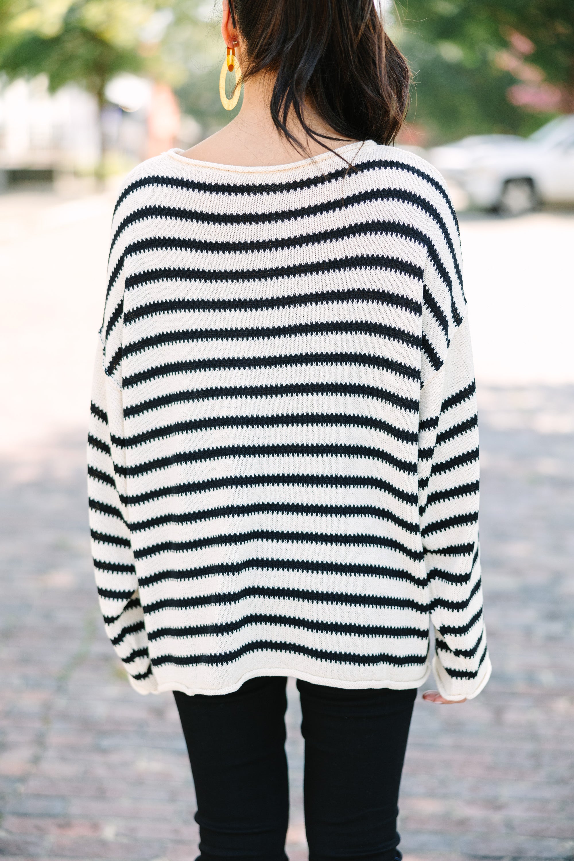 Joyful Ivory White Striped Oversized Sweater
