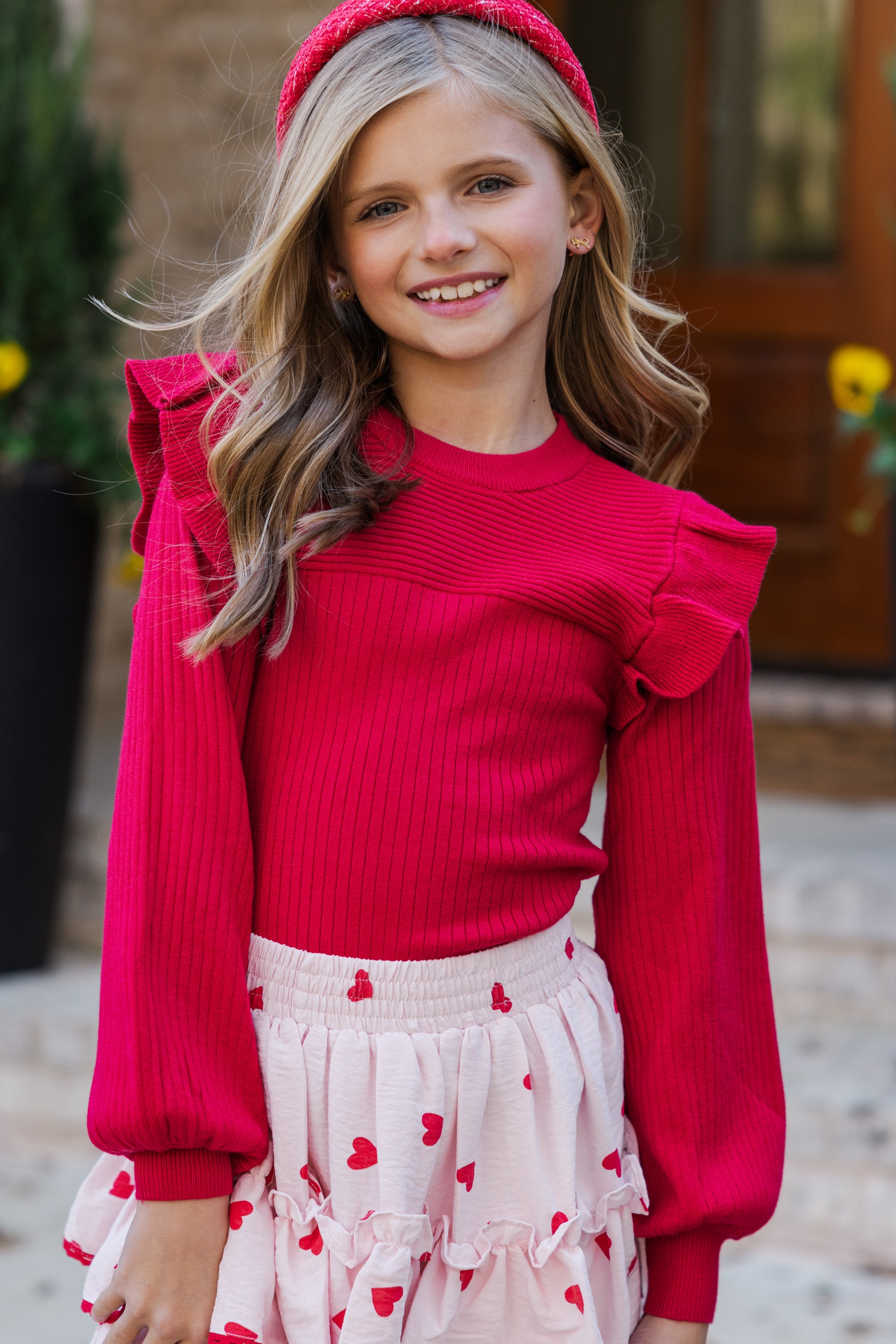 Girls' Reach-Out Red Ruffled Sweater: Look Adorable Now!