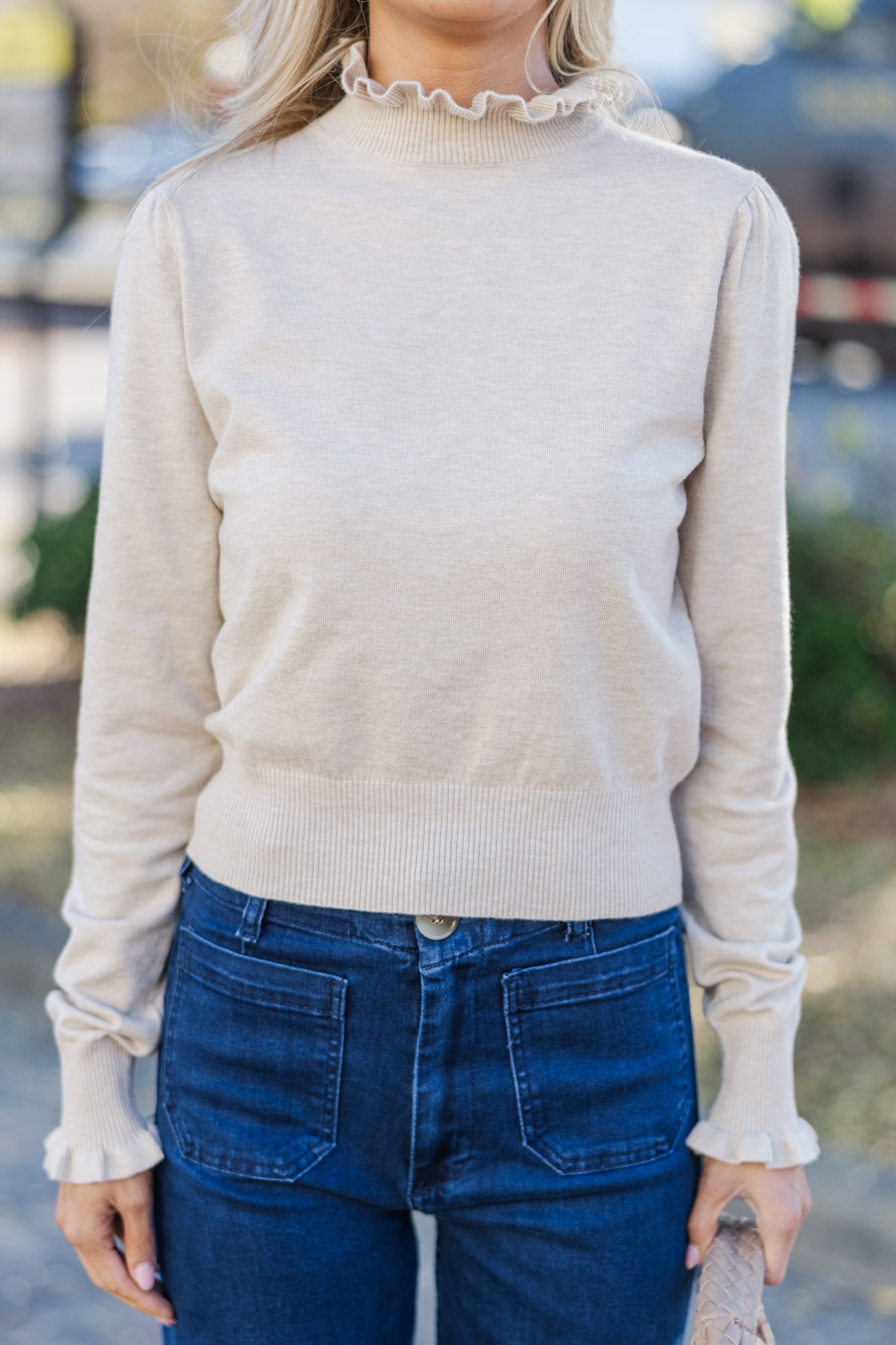 Enchanting Oatmeal Ruffled Return Sweater