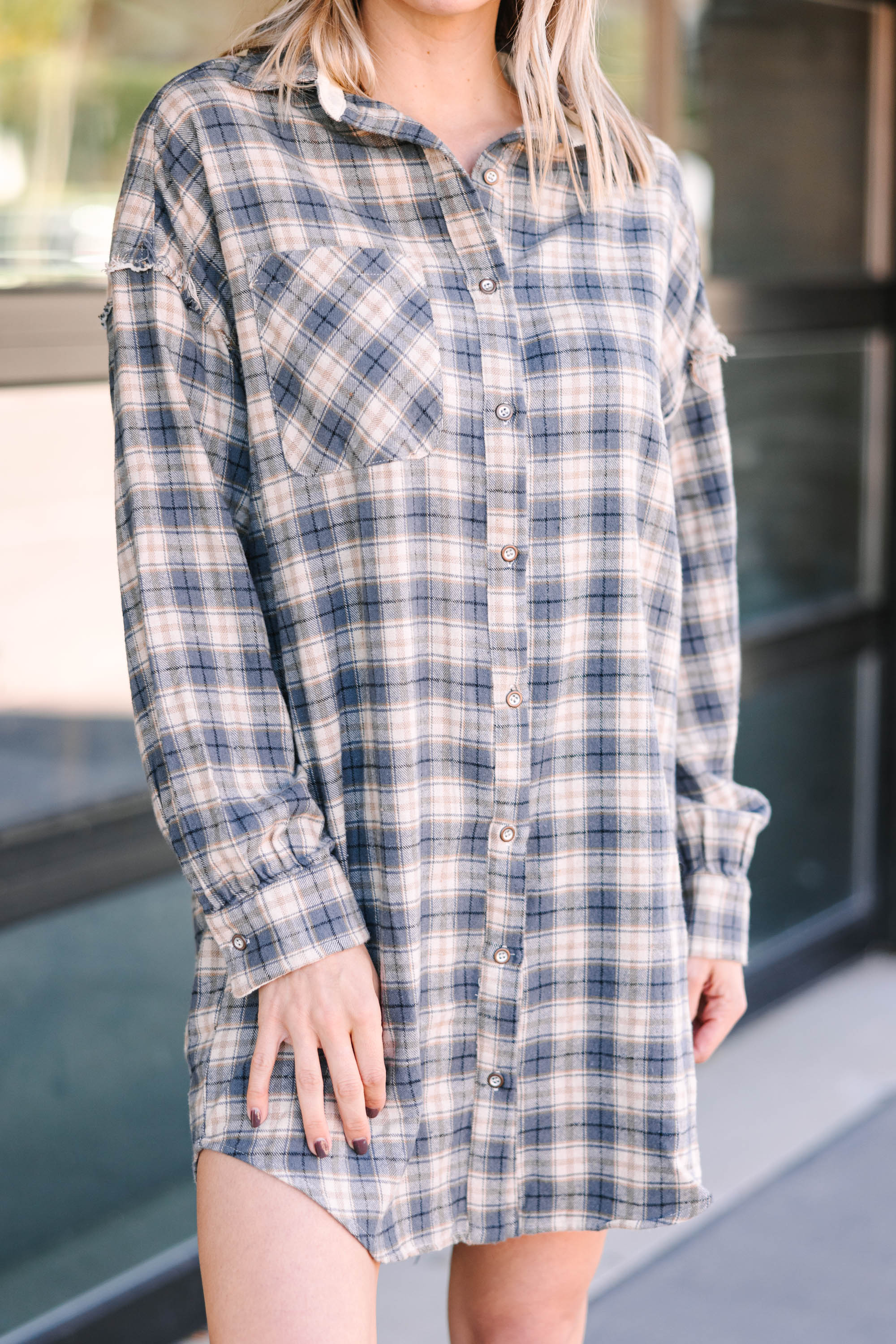 Slate Blue Plaid Shirt Dress: Feel Your Best!