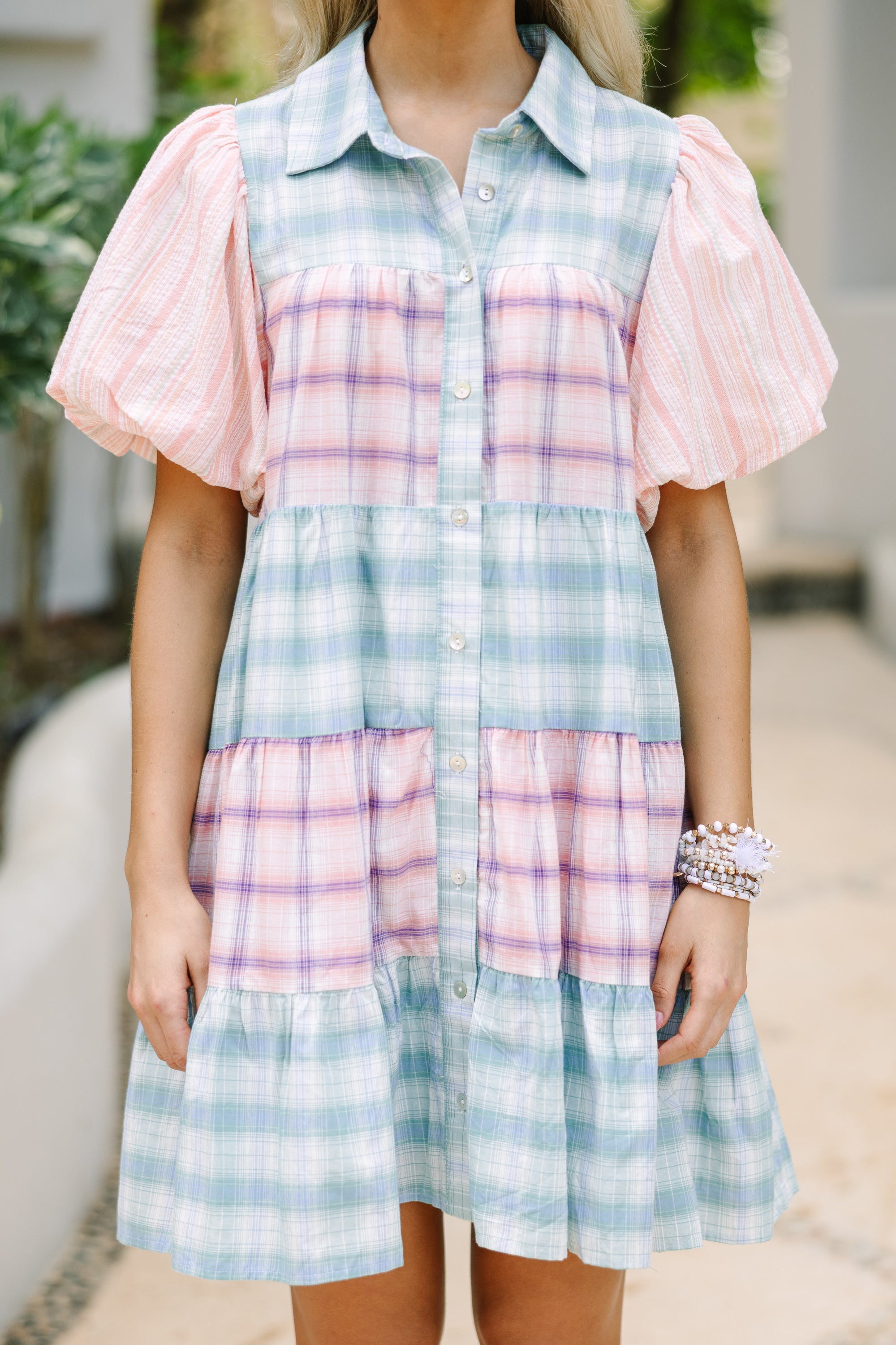 Enchanting Blue & Pink Plaid Babydoll Dress - Your Happy Place!