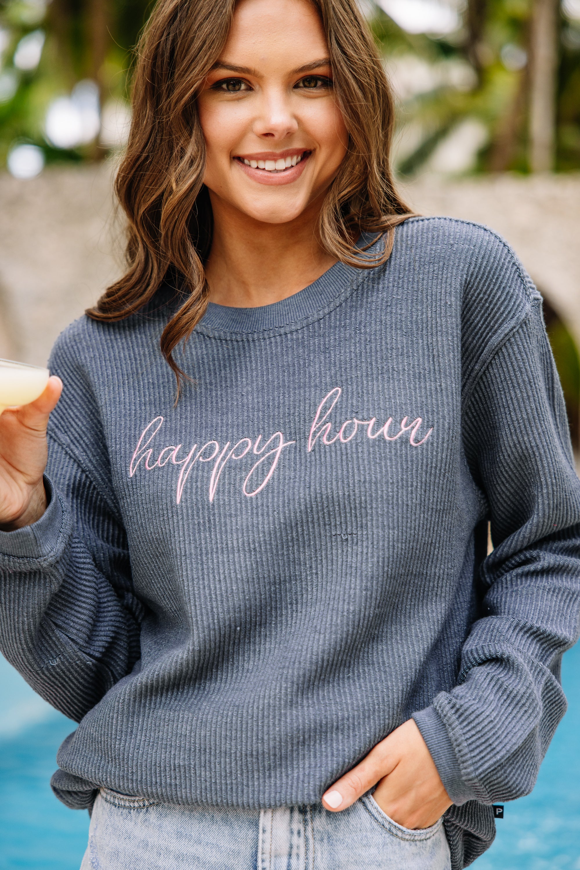 Happy Hour Navy Blue Embroidered Corded Sweatshirt - A Summer Must-Have!