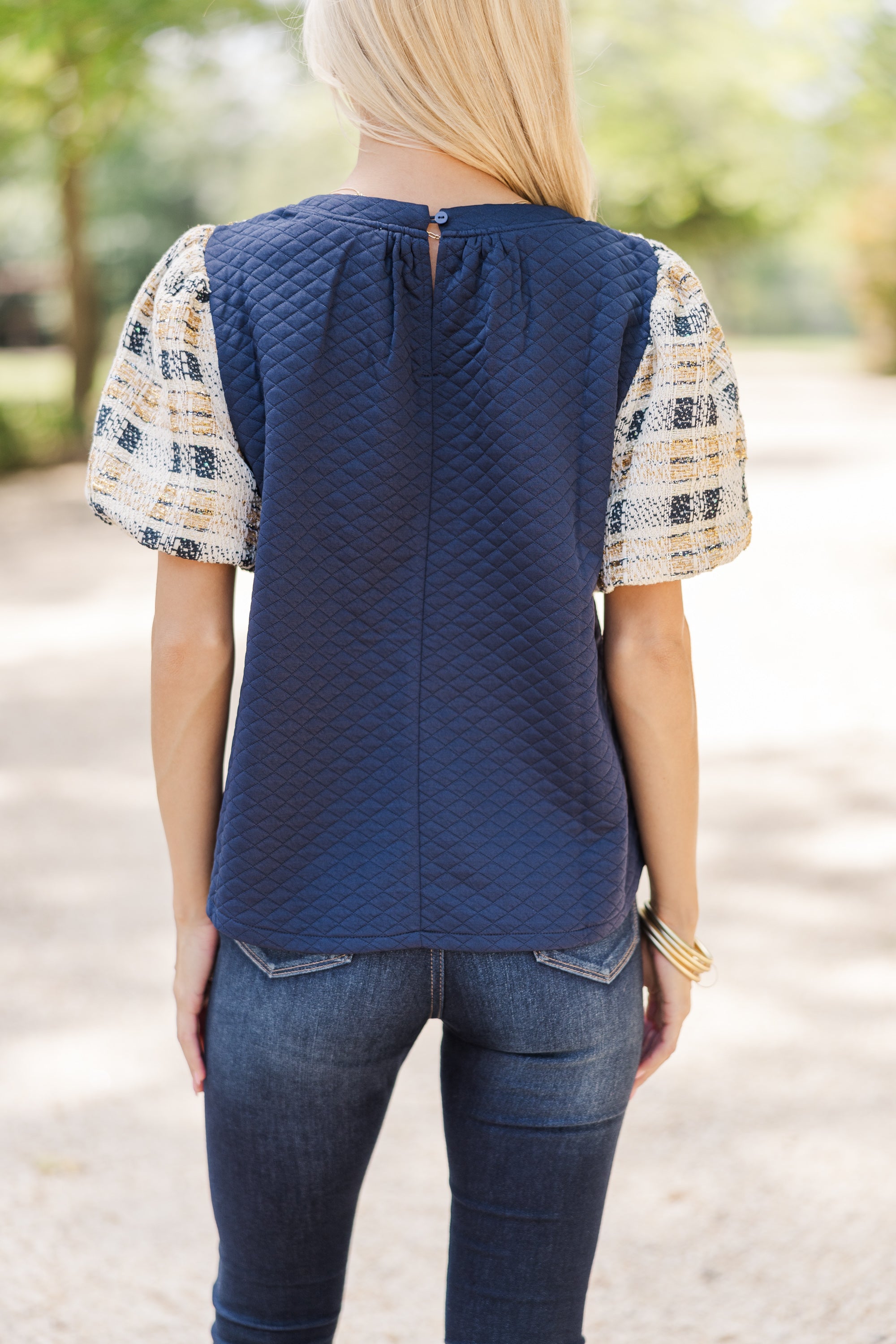 Navy Blue Tweed All-In-One Chic Blouse