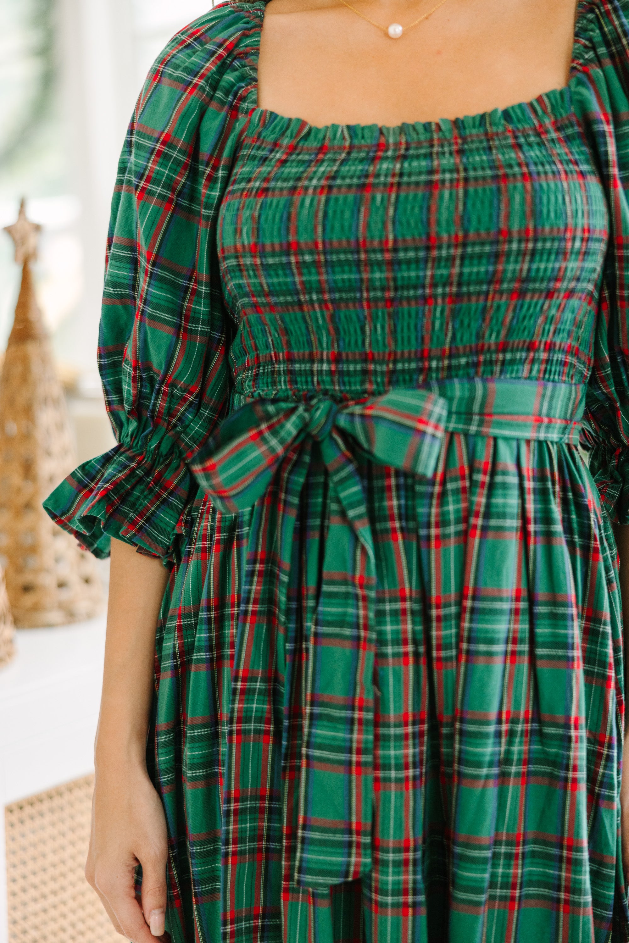 Enchanting Green Tartan Plaid Midi Dress for the Holidays