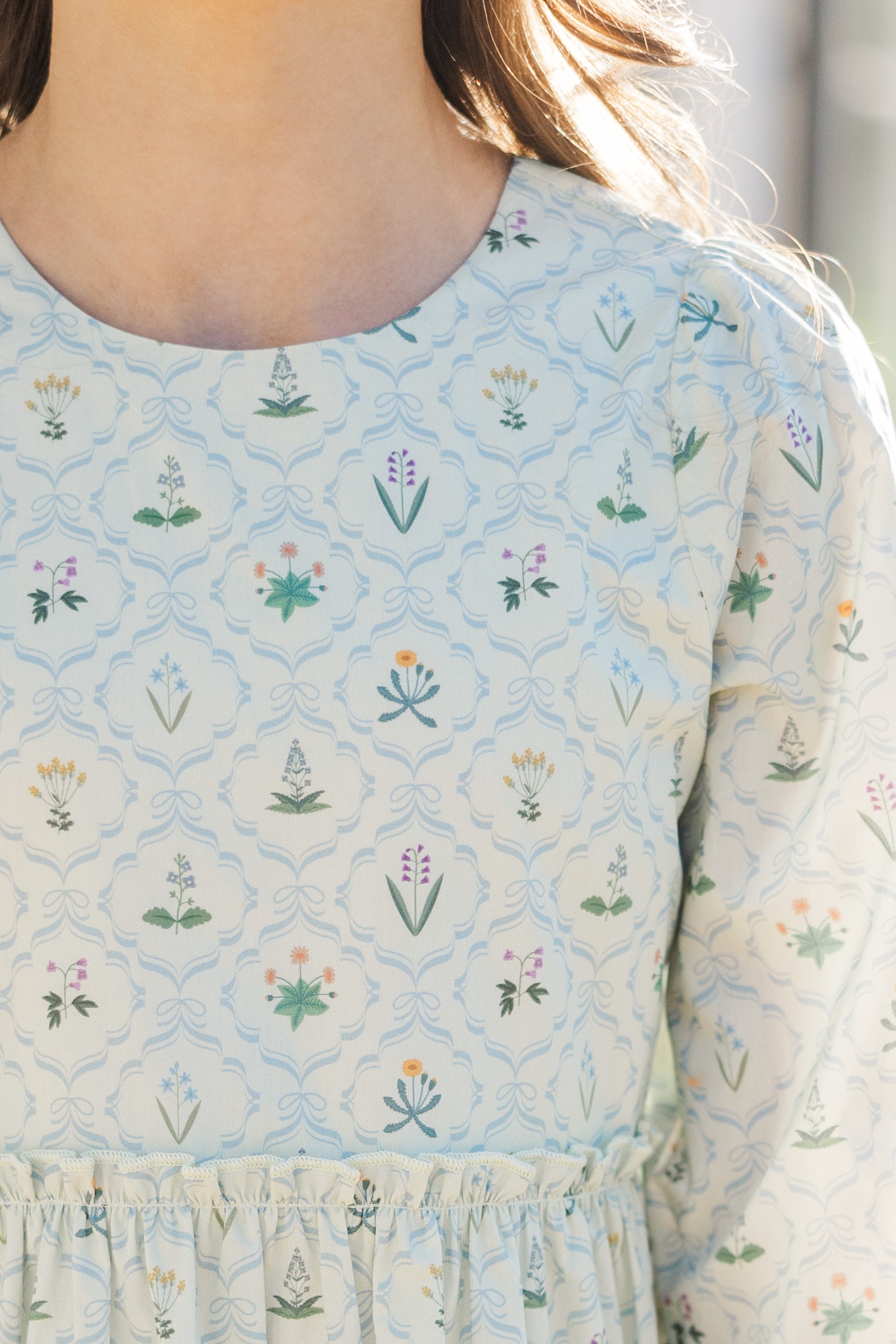 Girls' Enchanting Light Blue Floral Medallion Dress