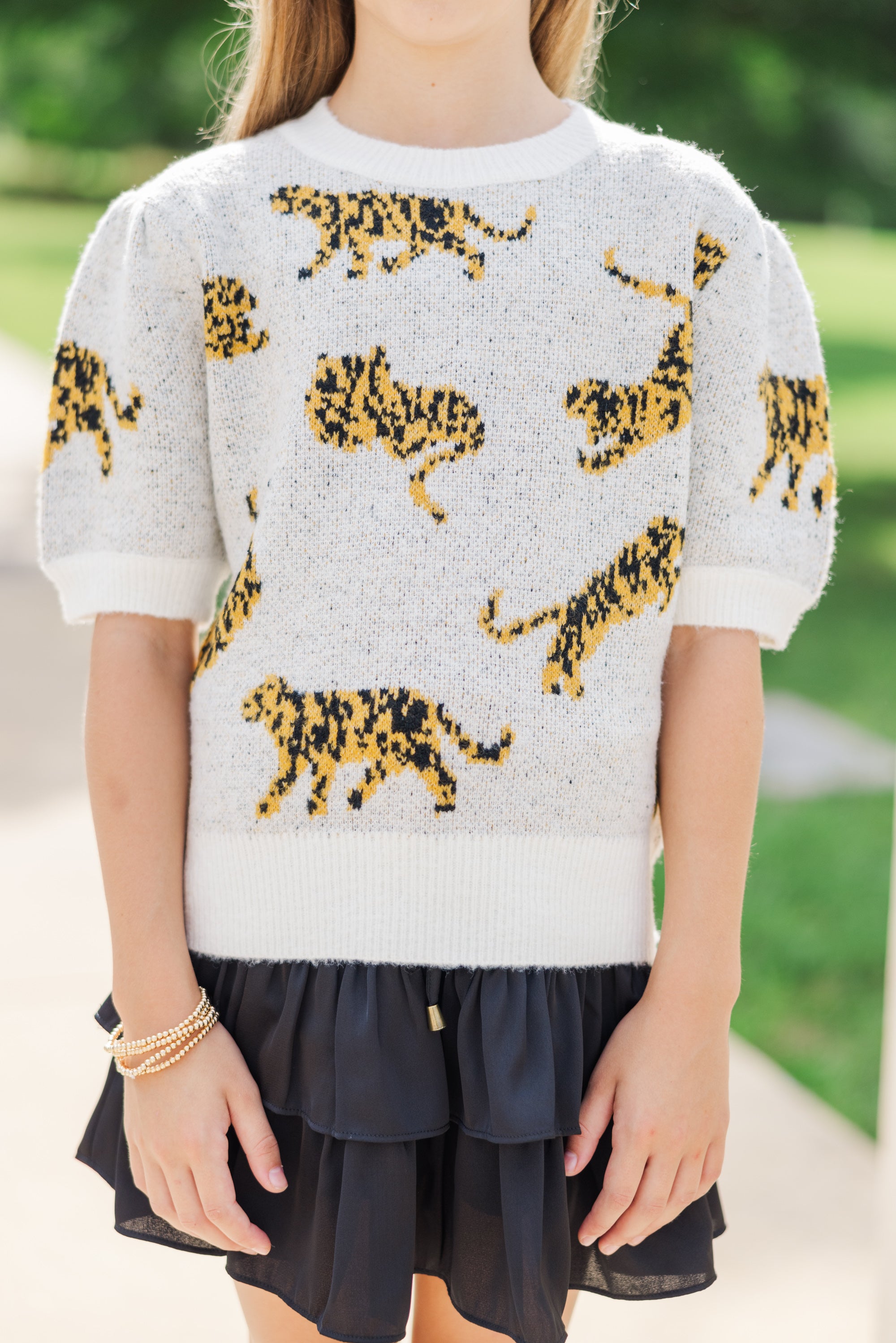 Girls' Ivory White Tiger Print Short Sleeve Sweater - On The Prowl!
