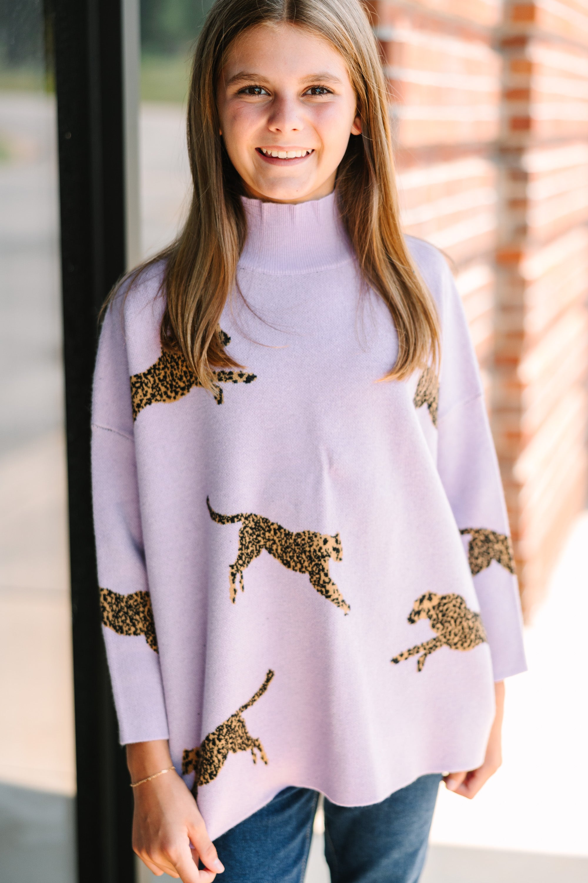 Girls' Quick-Pick Lavender Cheetah 3/4 Sleeve Cozy Sweater