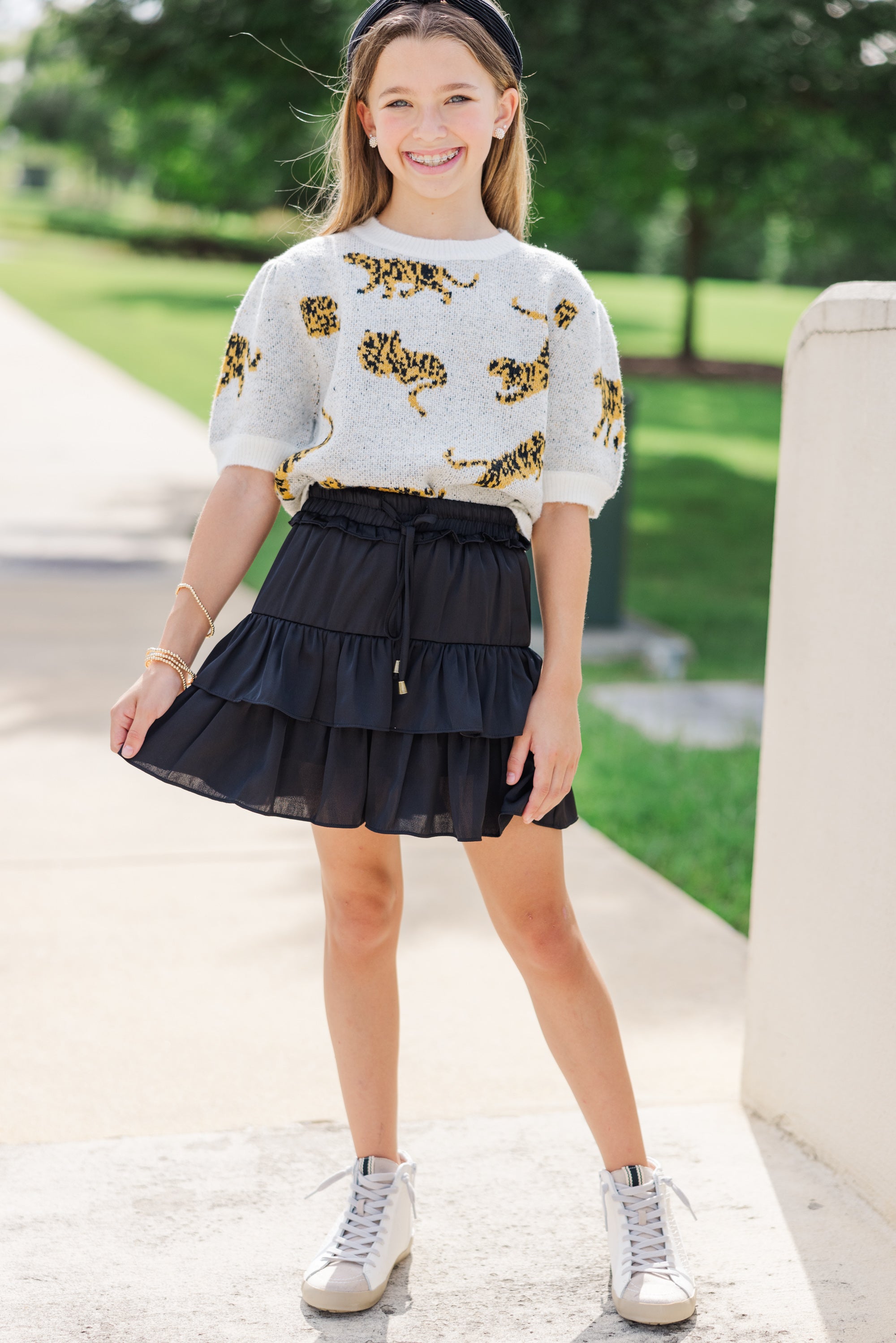 Girls' Ivory White Tiger Print Short Sleeve Sweater - On The Prowl!