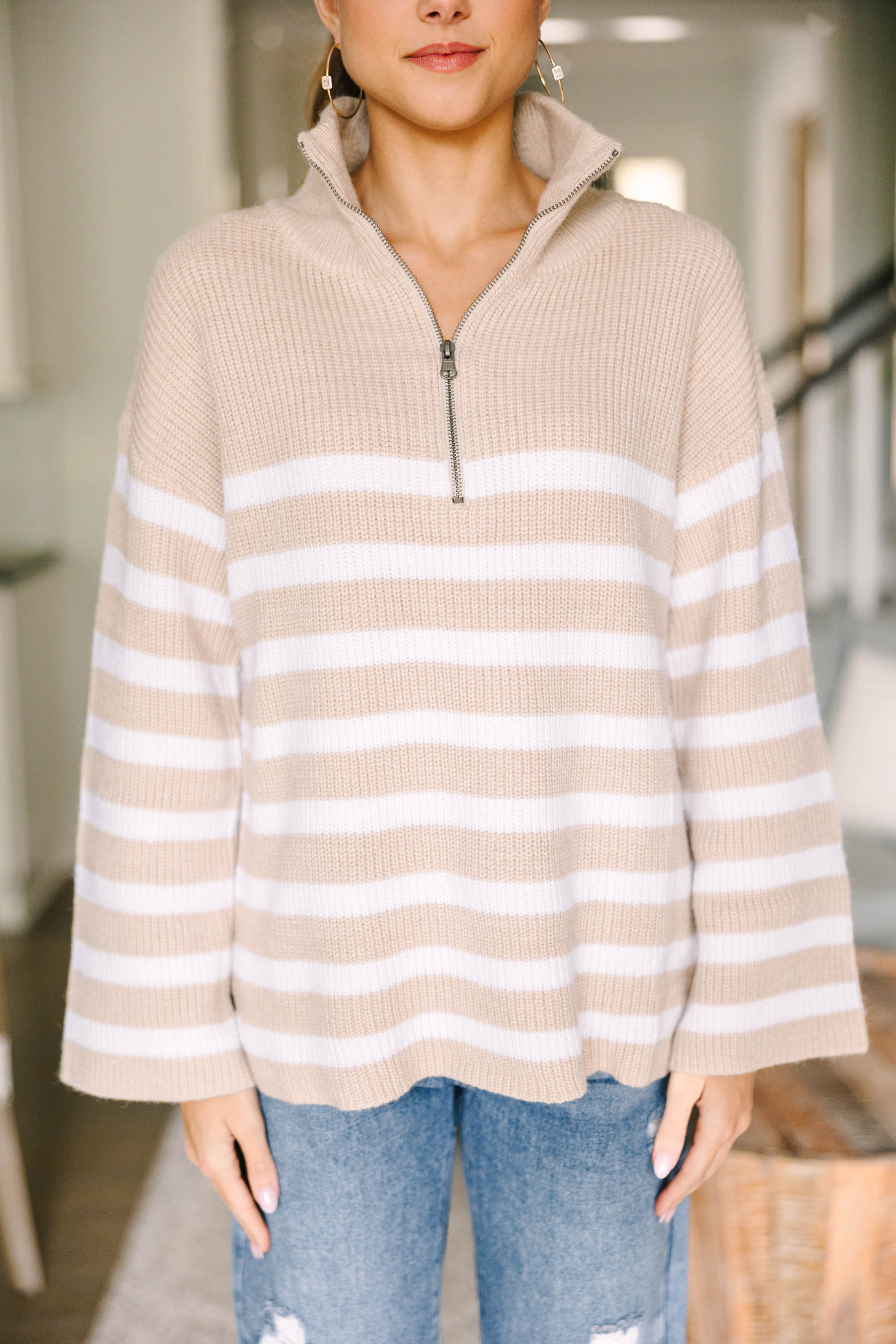 Stylish Taupe Brown Striped Self - Embrace Sweater