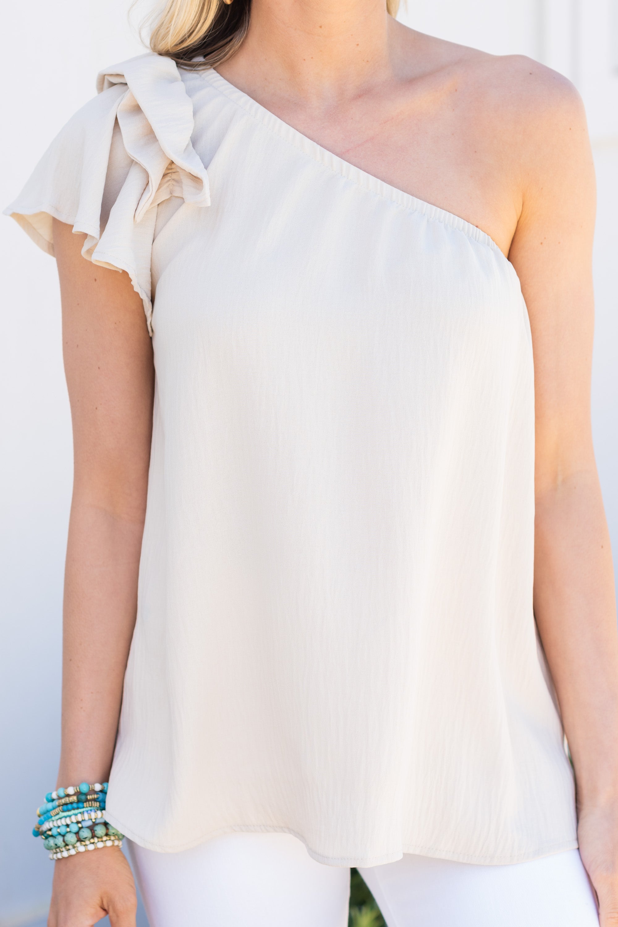 Enchanting Poetic Natural White One Shoulder Blouse