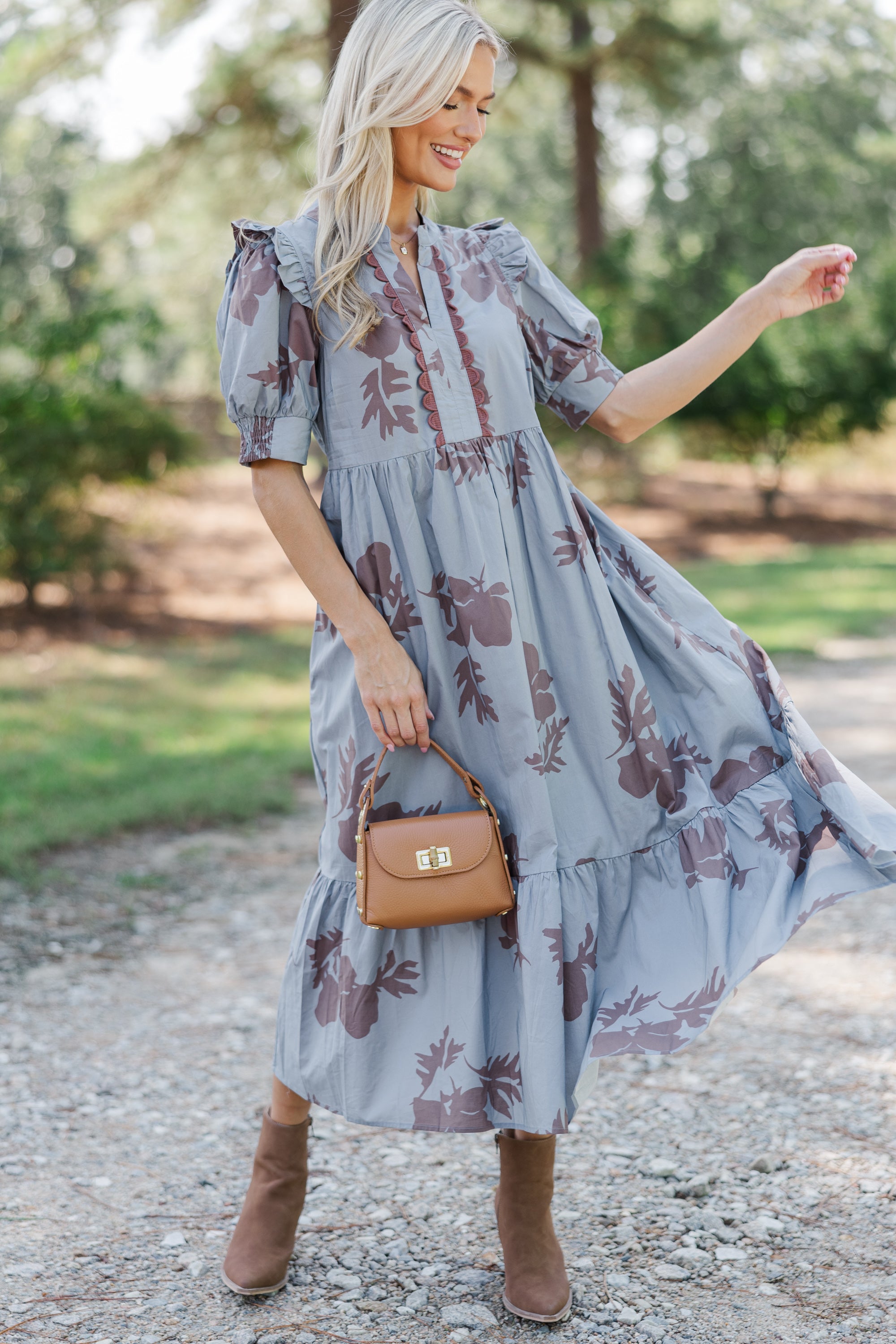 Enchanting Slate Blue Floral Midi Dress: Fall's Allure