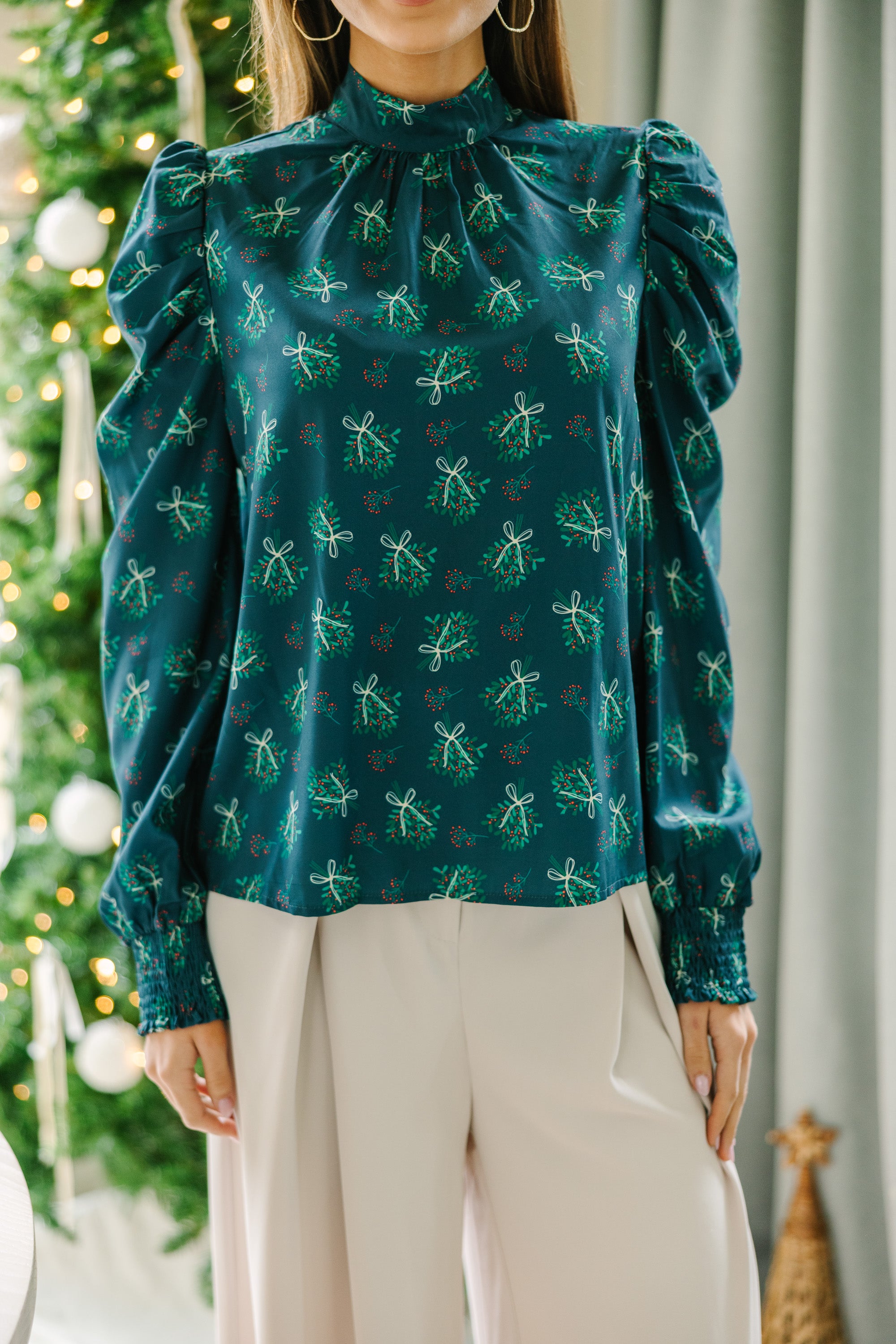 Stunning Emerald Green Floral Puff Sleeve Blouse - Stand Out This Holiday!