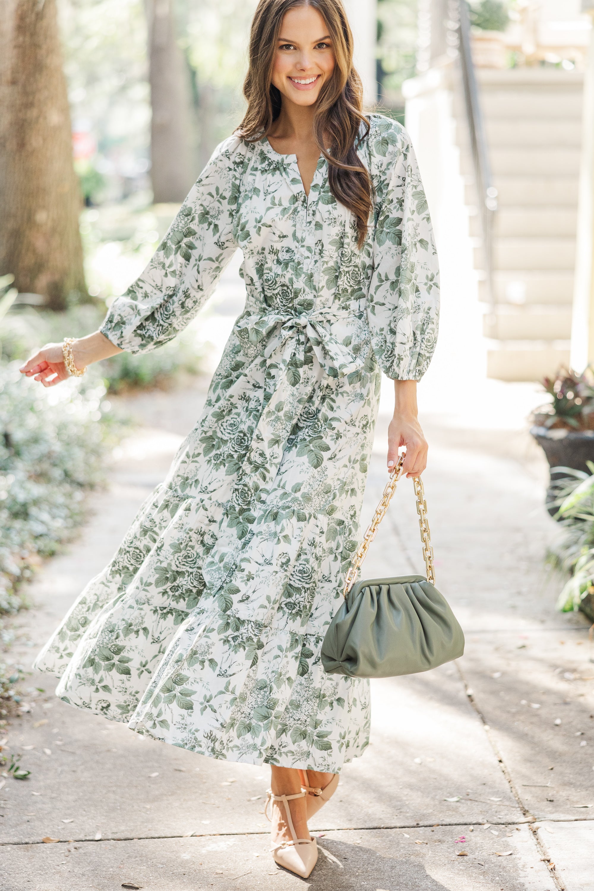 Fabulous Olive Green Toile Midi Dress - Make a Statement!