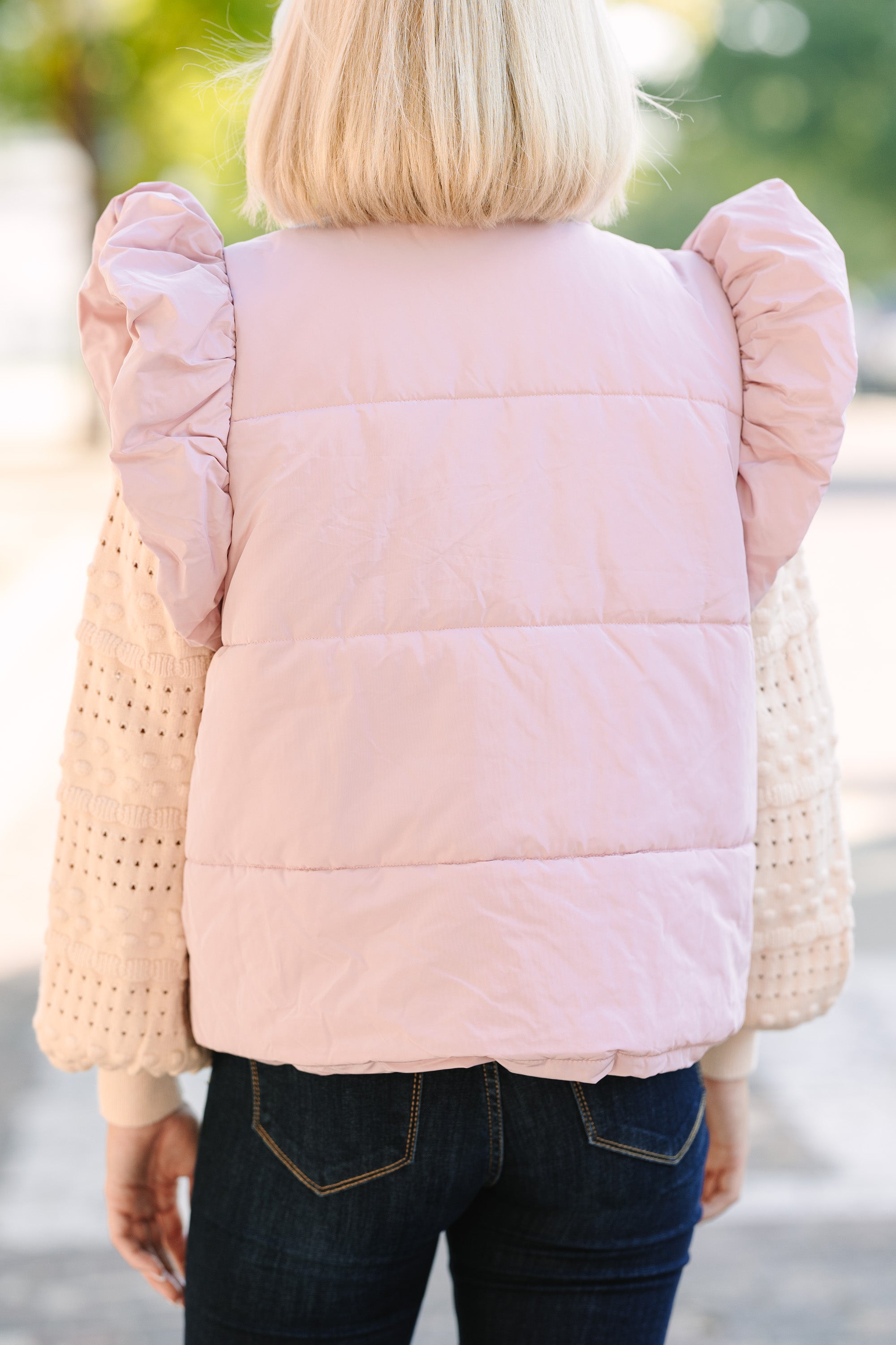 Irresistible Feminine Blush Pink Ruffled Puffer Vest