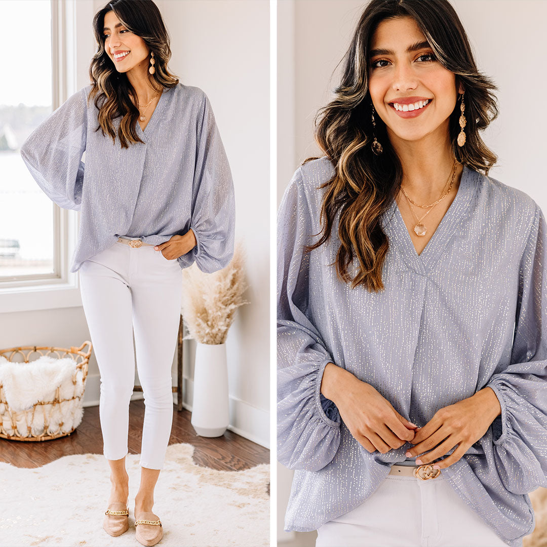 Confidence-Boosting Misty Blue Bubble Sleeve Blouse