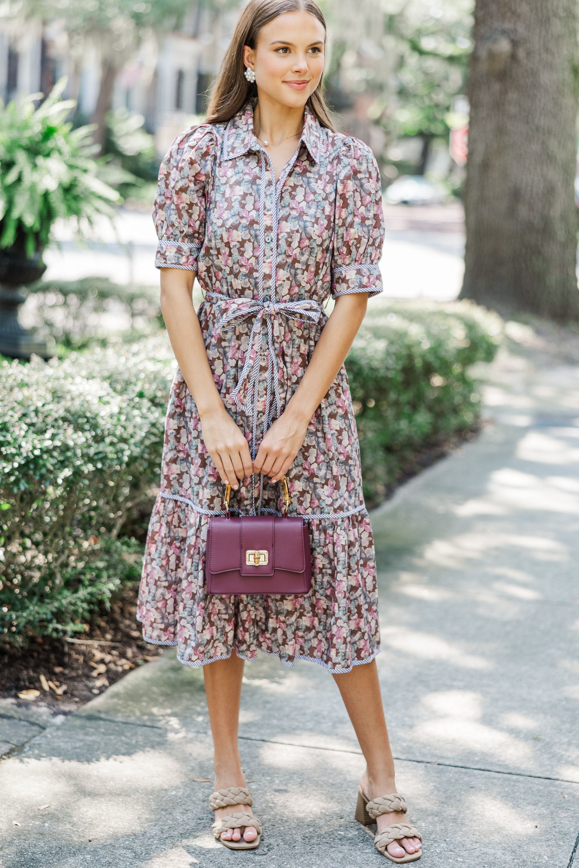Fall in Love with the Be With Me Brown Ditsy Floral Midi Dress