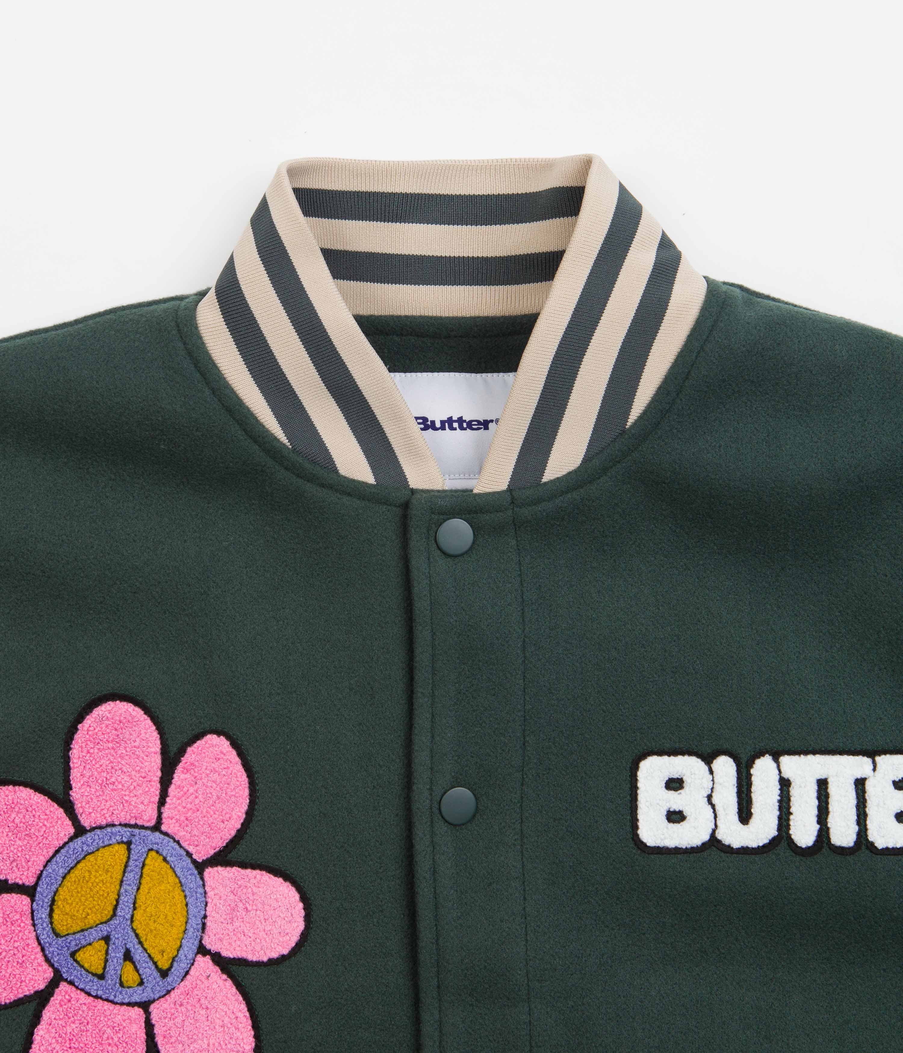 Butter Goods Forest Green World Peace Varsity Jacket - A Stylish Statement Piece